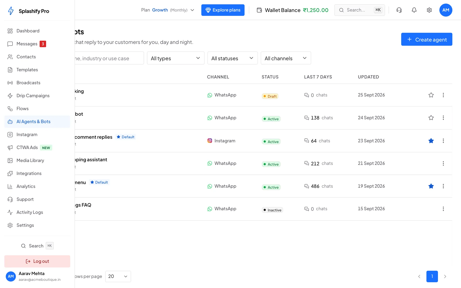 The left sidebar opened with AI Agents & Bots highlighted