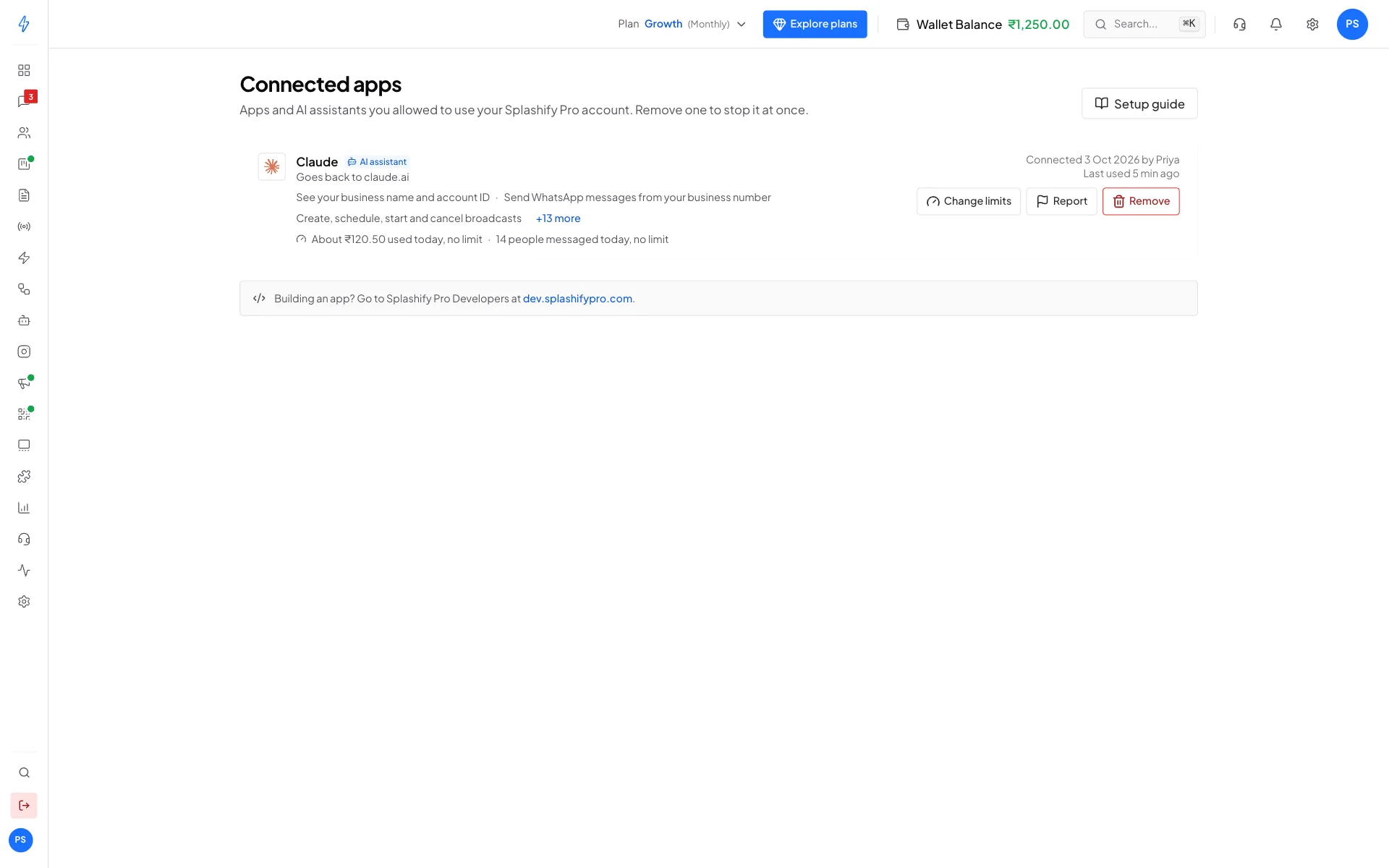 Settings, Connected apps with Claude, its logo and the AI assistant label, goes back to claude.ai, last used 5 min ago, about ₹120.50 used today with no limit and 14 people messaged today with no limit, with Change limits, Report and Remove buttons