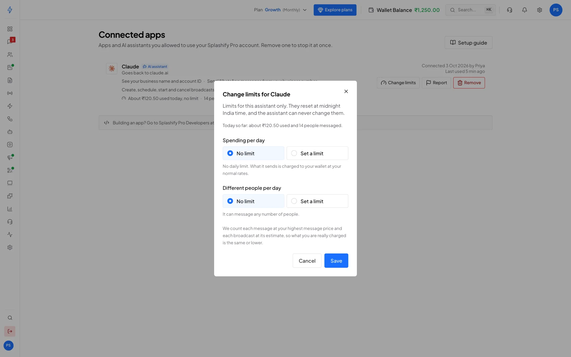 The Change limits dialog for Claude: what it used today, then spending per day and different people per day, each with a No limit and a Set a limit choice, with Cancel and Save