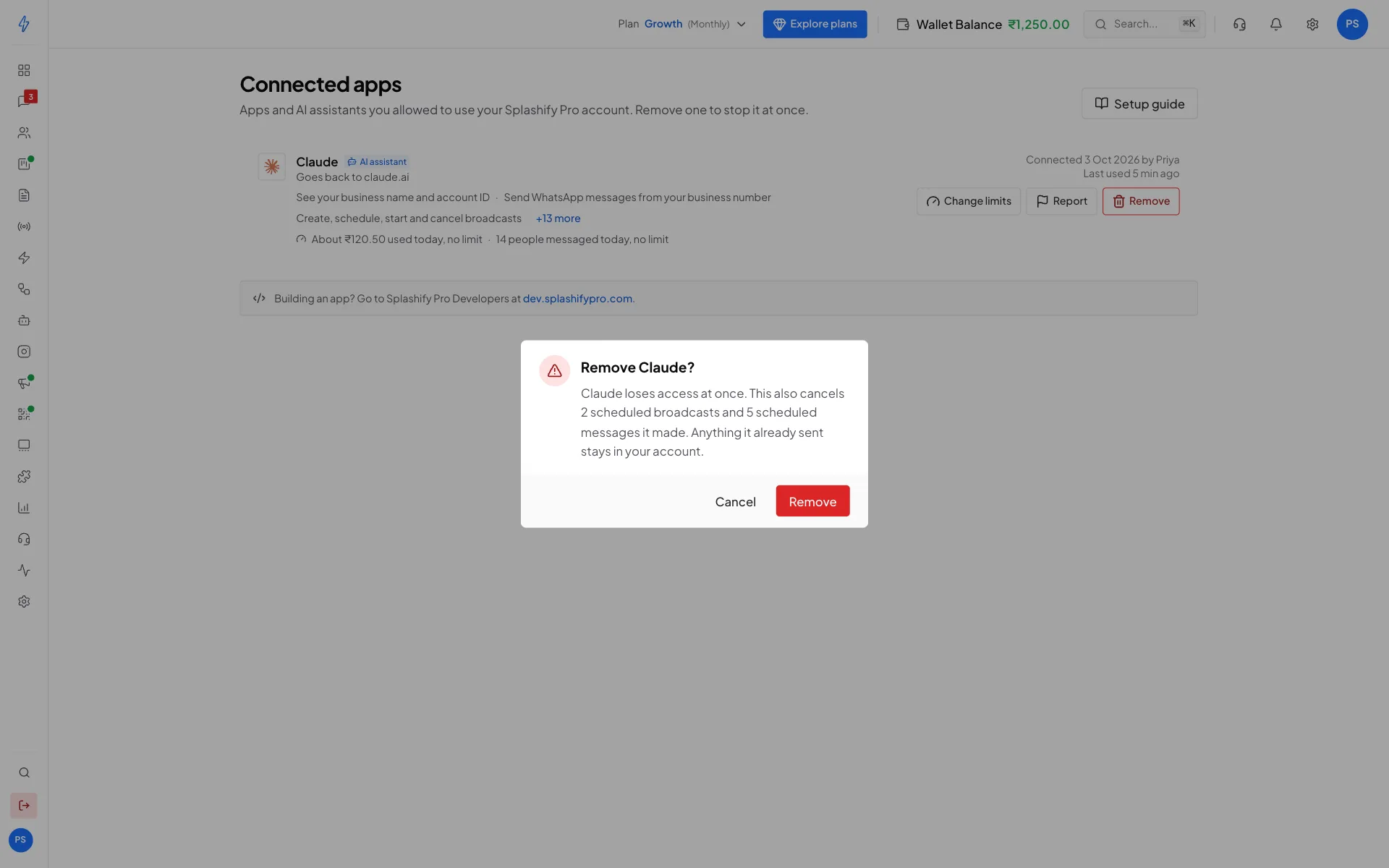 The Remove Claude? dialog: Claude loses access at once. This also cancels 2 scheduled broadcasts and 5 scheduled messages it made. Anything it already sent stays in your account. With Cancel and the red Remove button