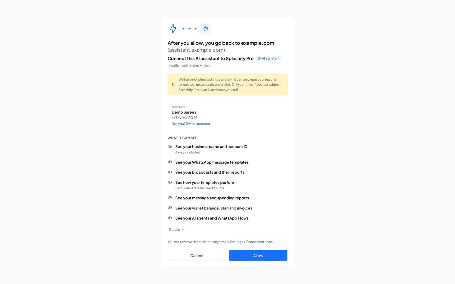 The Splashify Pro page for an assistant we have not checked: After you allow, you go back to example.com (assistant.example.com), Connect this AI assistant to Splashify Pro, It calls itself Sales Helper, the amber notice We have not checked this assistant. It can only read your reports, templates, broadcasts and wallet, the read-only permissions, and Cancel and Allow
