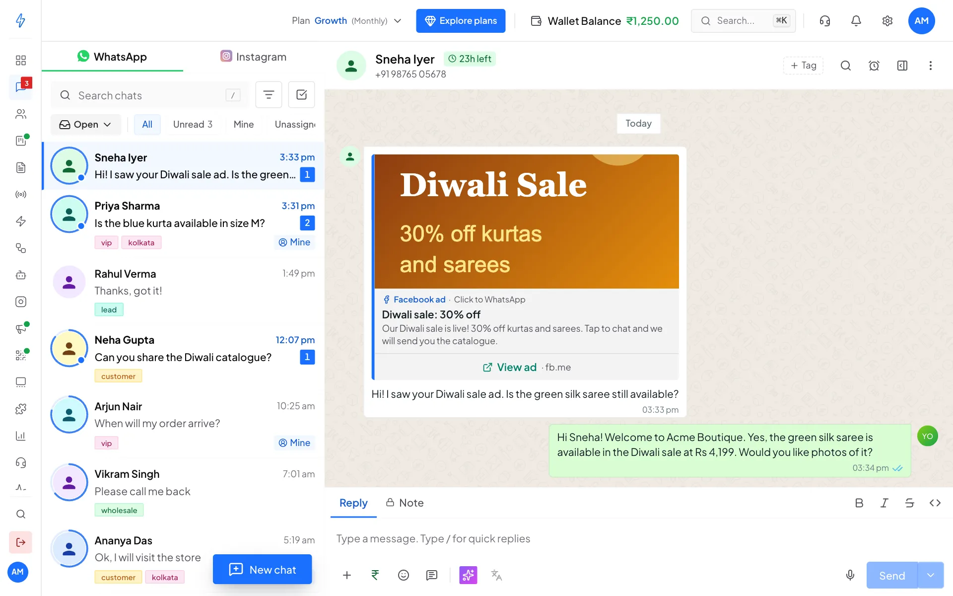 A chat in Messages whose first message shows a Click to WhatsApp ad card for the Diwali sale ad, followed by the customer's question and the reply