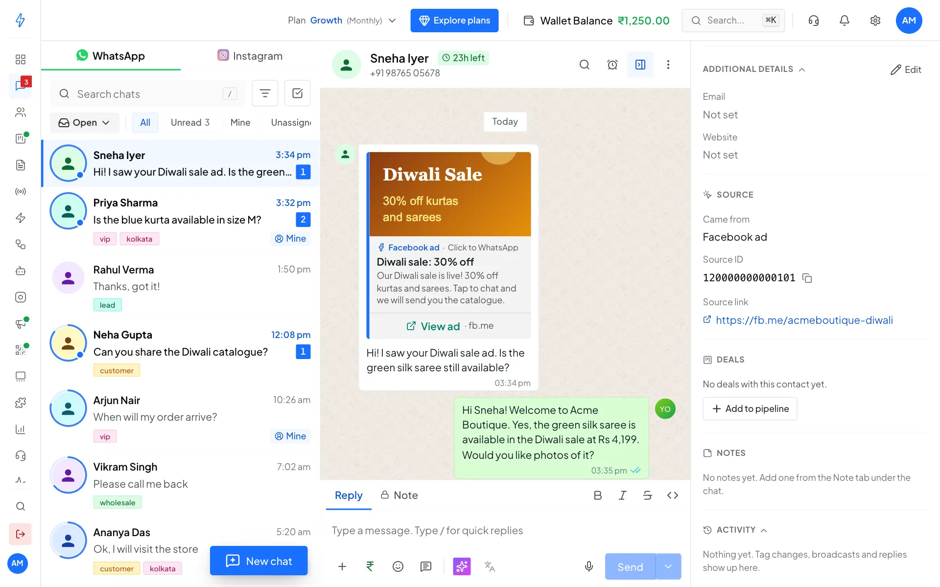 The contact details panel beside a chat, with the Source section showing Came from Facebook ad, the source ID and the source link