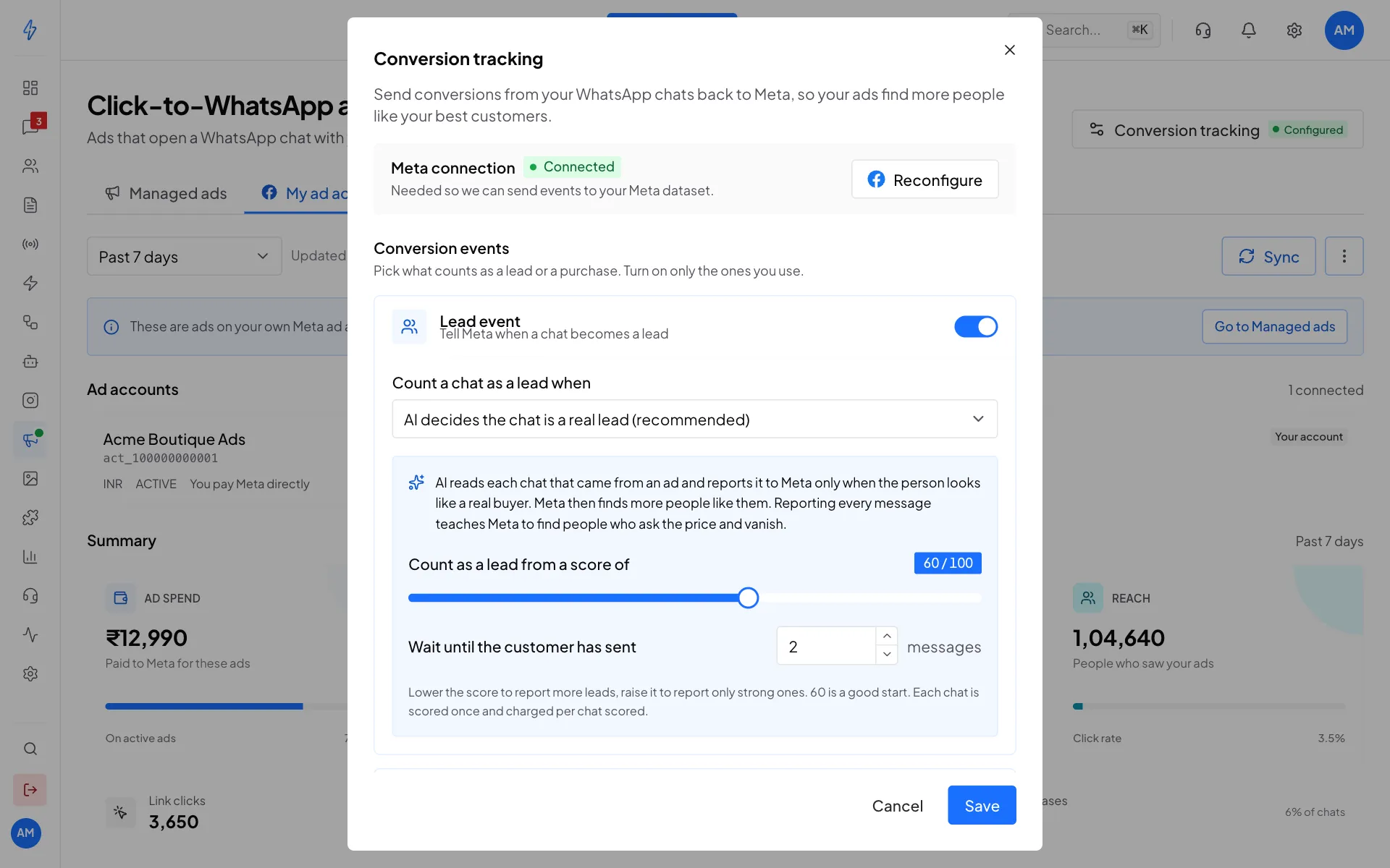 The Conversion tracking window with Meta connection Connected, Lead event switched on, AI decides the chat is a real lead selected, score 60 out of 100 and wait for 2 messages