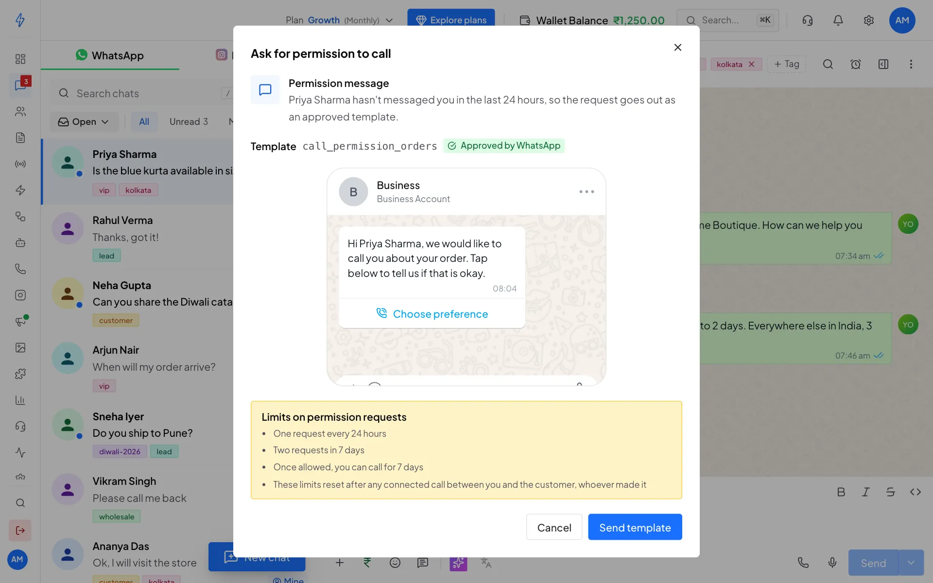 The Ask for permission to call box showing the template call_permission_orders, Approved by WhatsApp, with a preview and a Choose preference button