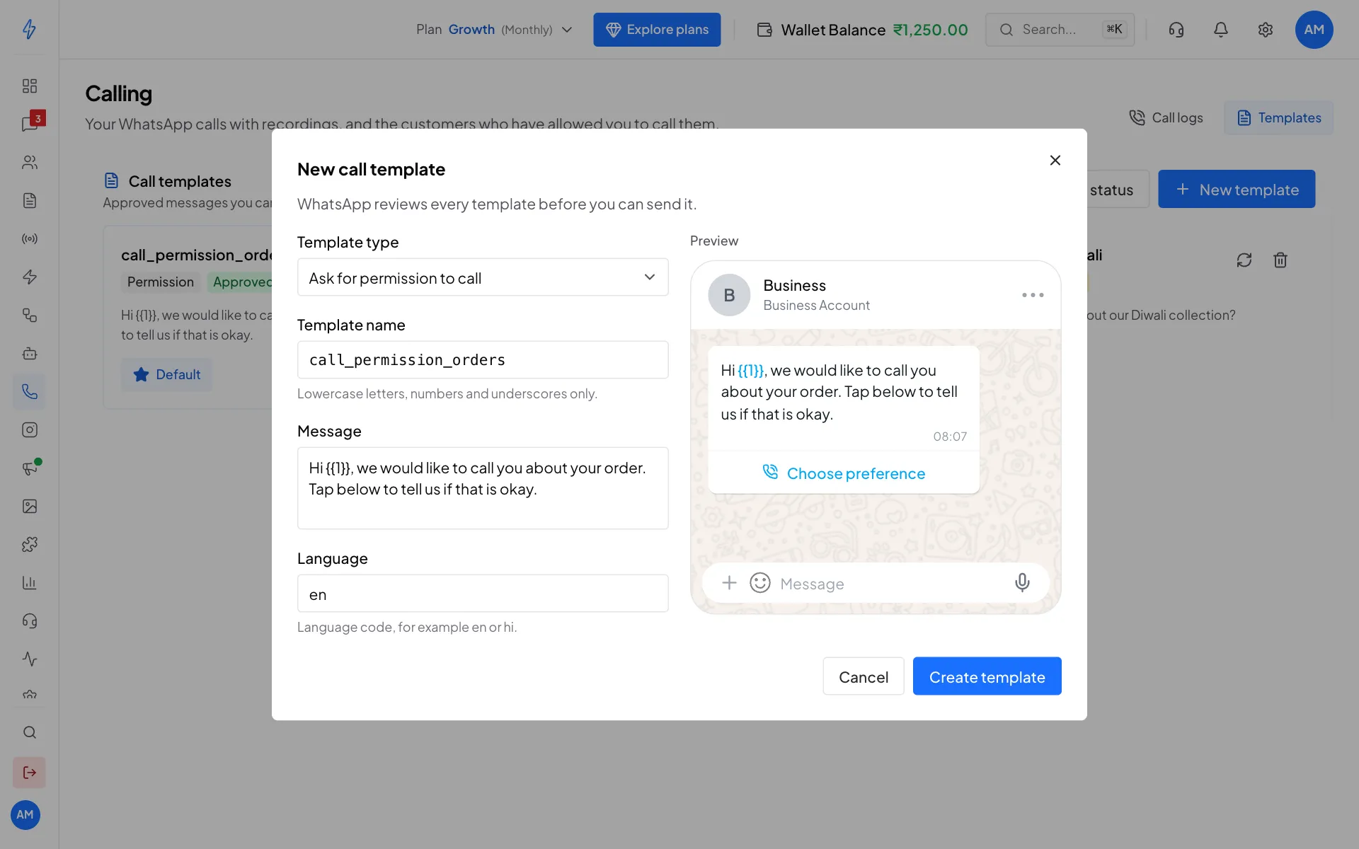 The New call template box with Ask for permission to call selected, the name call_permission_orders and a message, with a preview