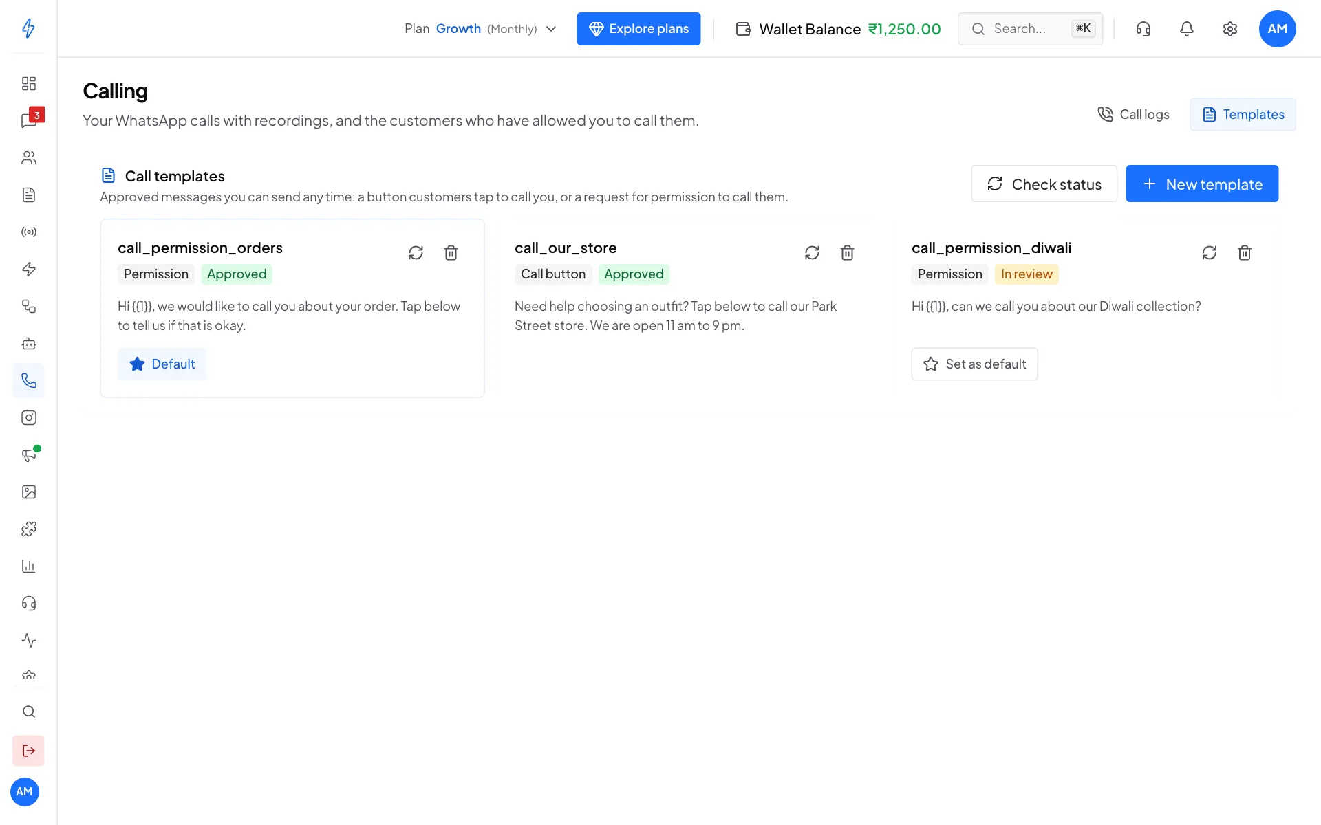 Call templates with call_permission_orders approved and default, call_our_store approved, and call_permission_diwali in review