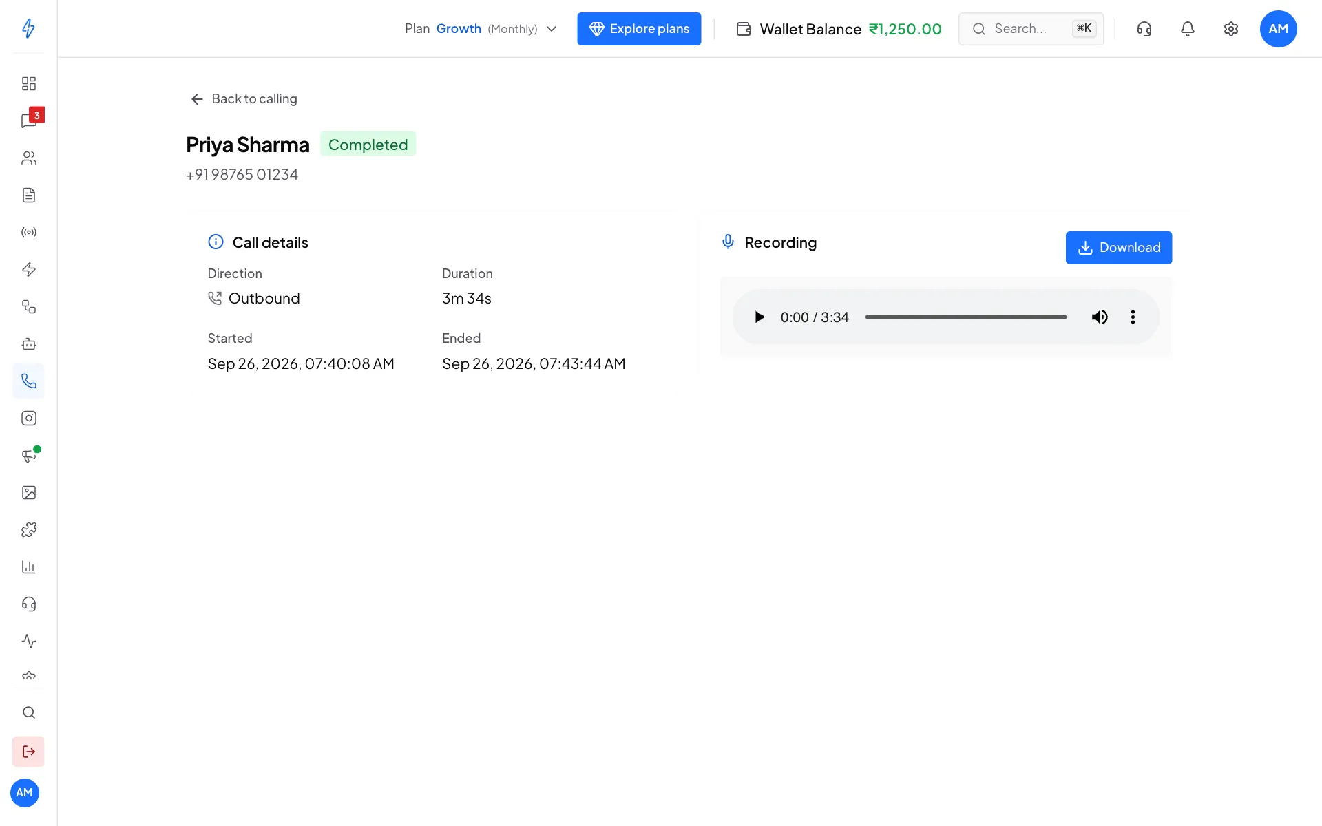 The call page for Priya Sharma, completed, outbound, 3m 34s, with a recording player and a Download button