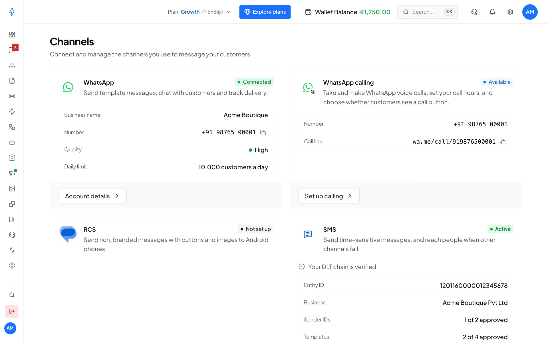 The Channels page with the SMS card Active and Your DLT chain is verified