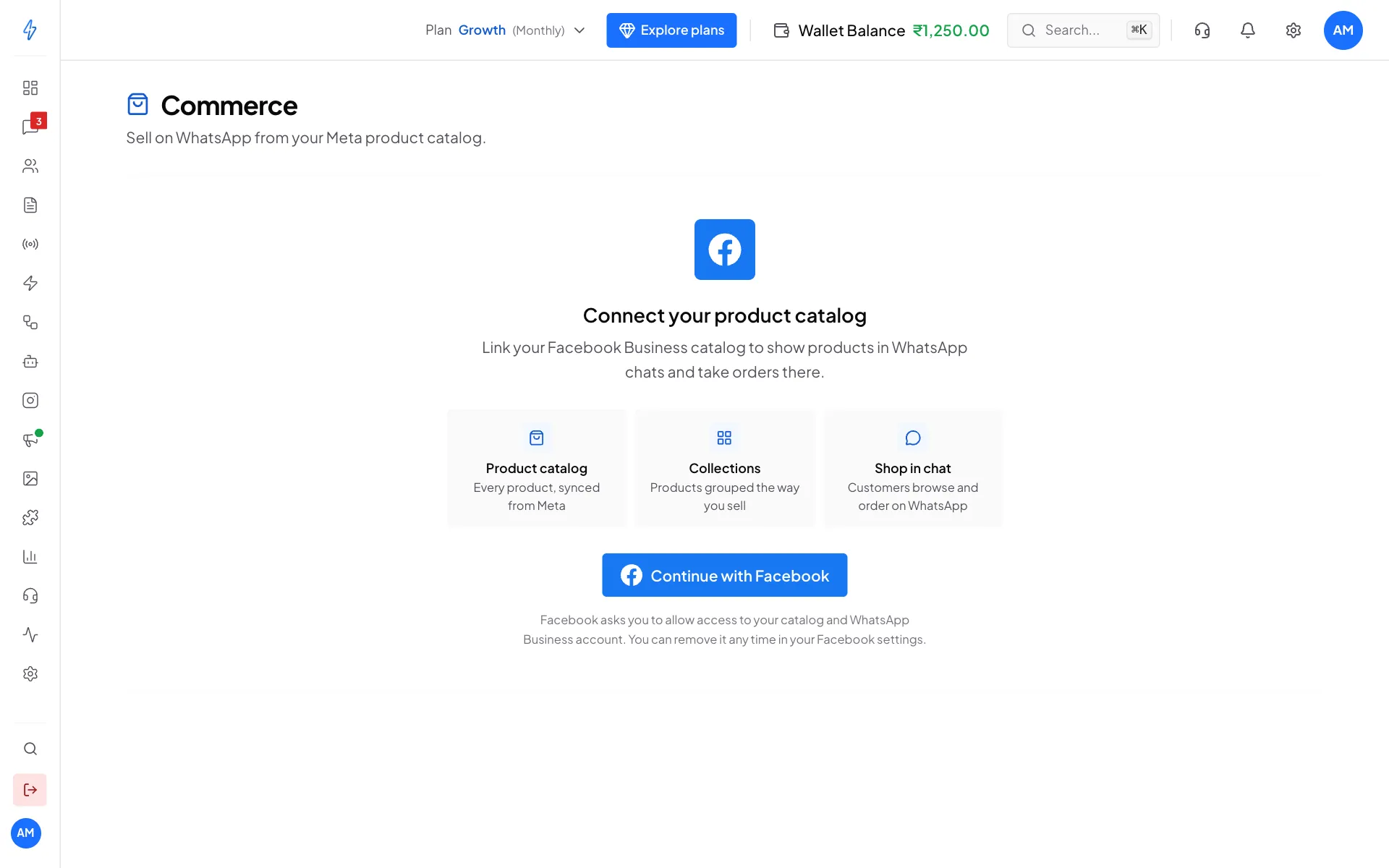 The Commerce page before connecting, with Product catalog, Collections and Shop in chat, and the Continue with Facebook button