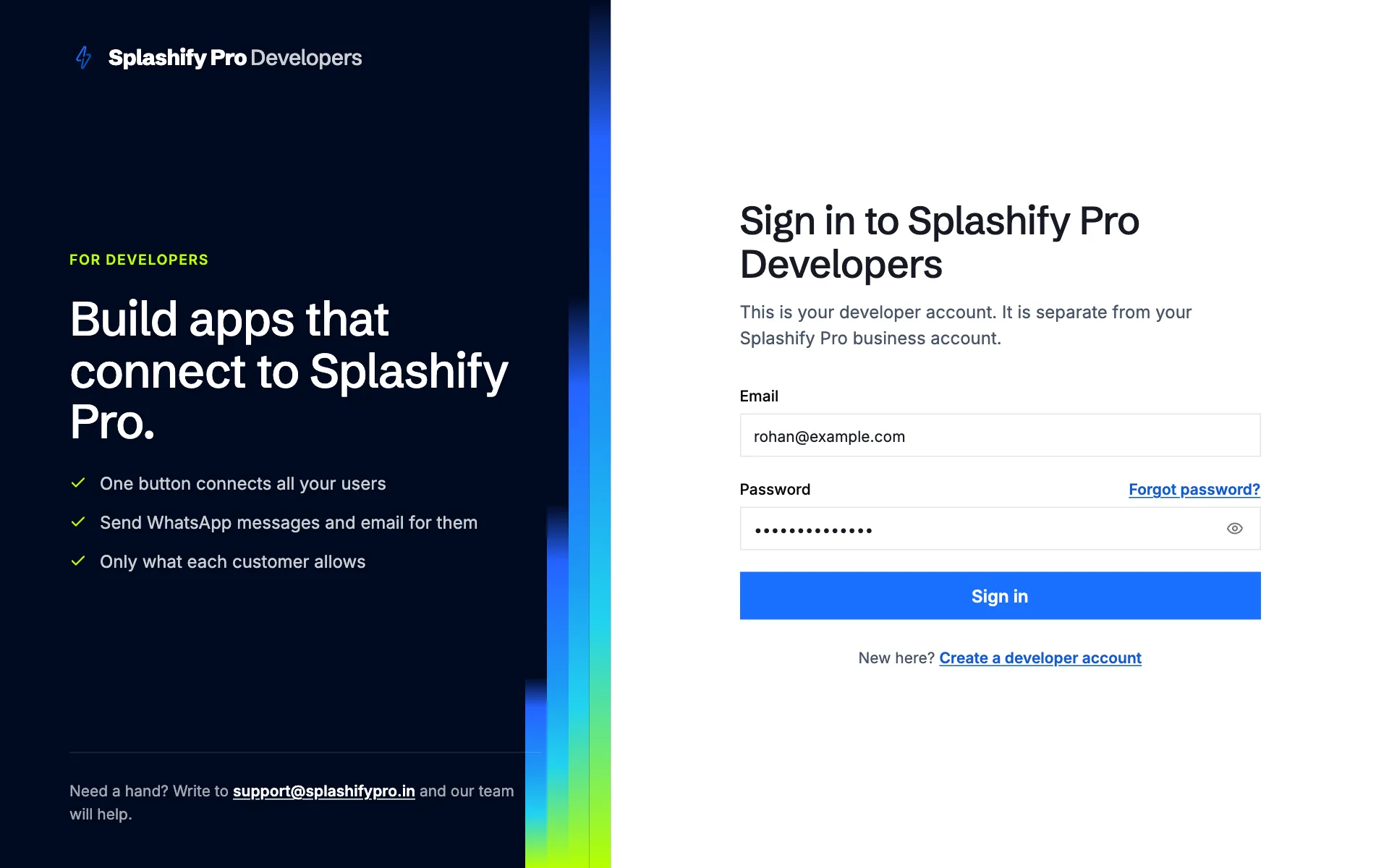 The sign-in page, Sign in to Splashify Pro Developers, with rohan@example.com, the password field, Forgot password? and Sign in