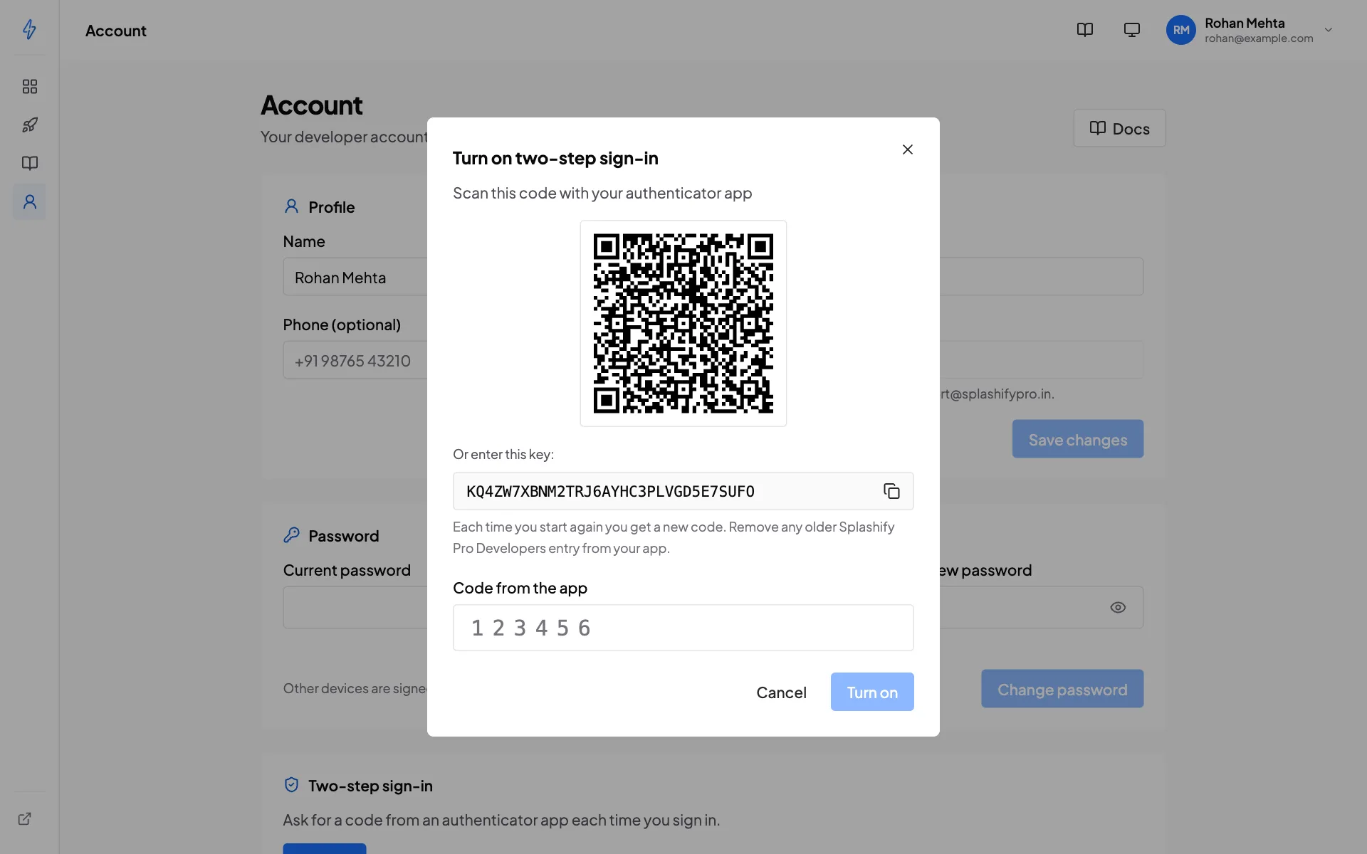 The Turn on two-step sign-in dialog, step 2: a QR code from a throwaway secret, Or enter this key with the key and a copy button, the new-code line and the Code from the app field