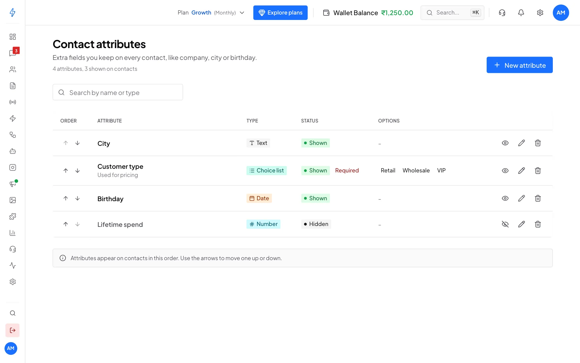 The Contact attributes page with City, Customer type, Birthday and Lifetime spend