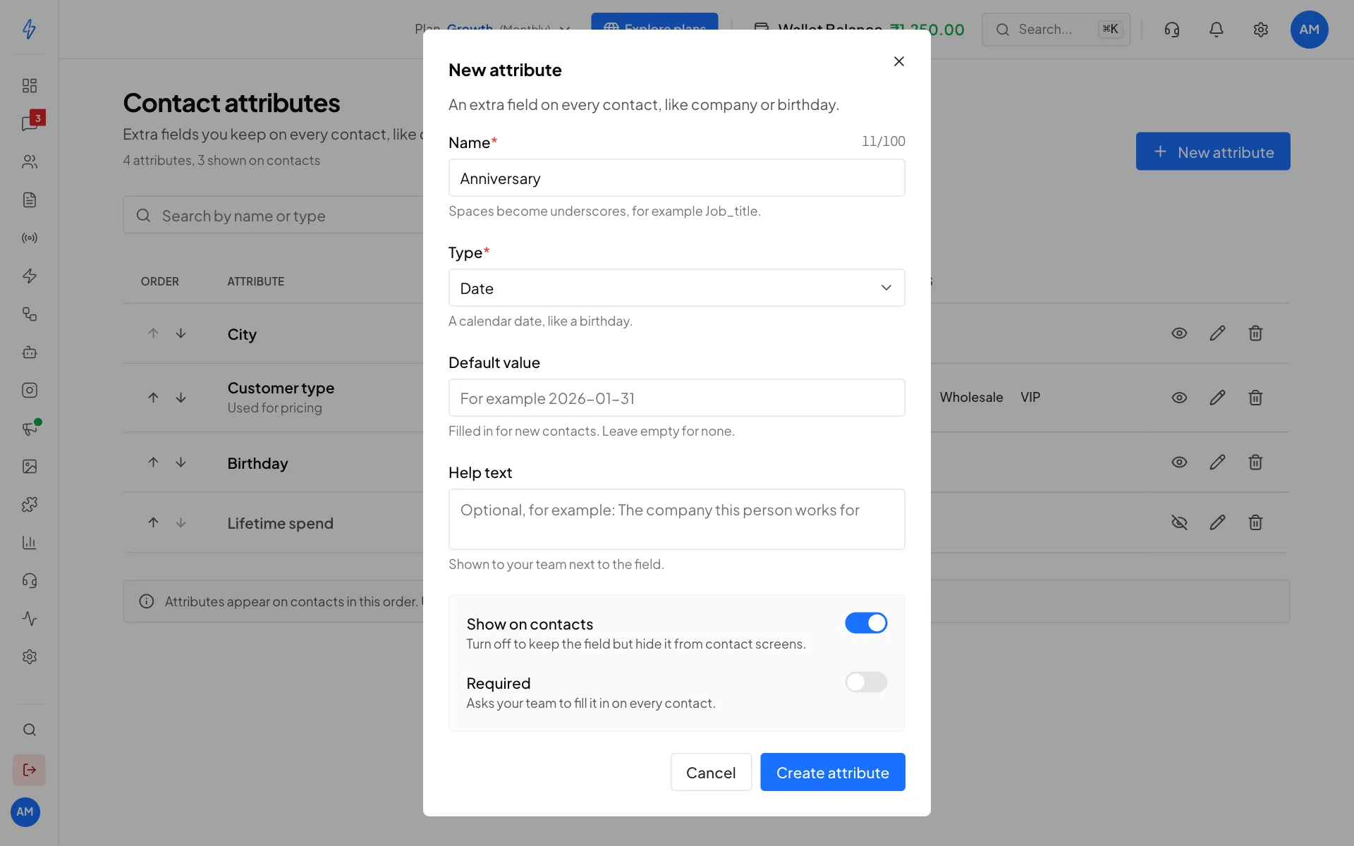 The New attribute box with the name Anniversary, type Date, and the Show on contacts switch on