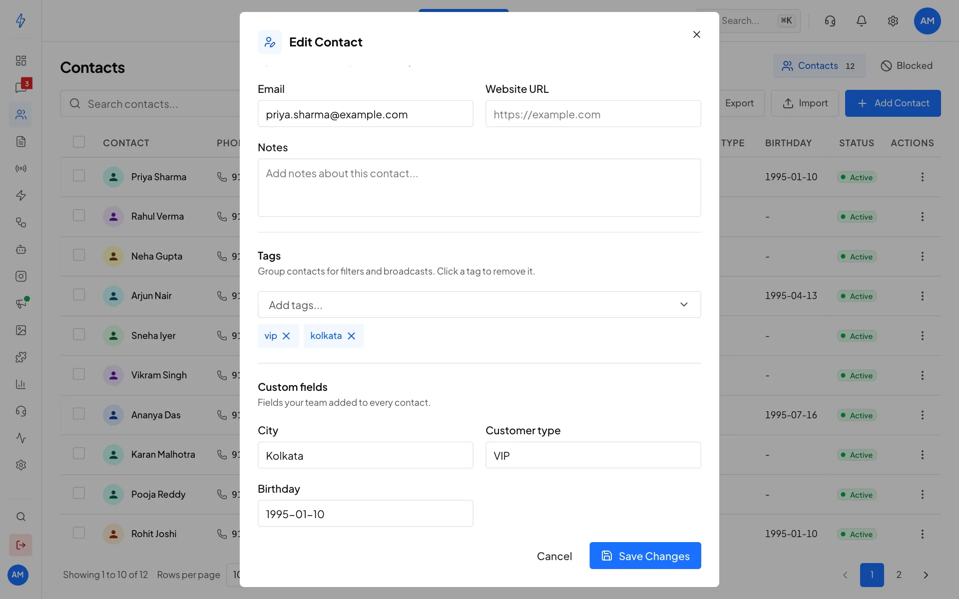 The Edit Contact box with the Custom fields section showing City, Customer type and Birthday