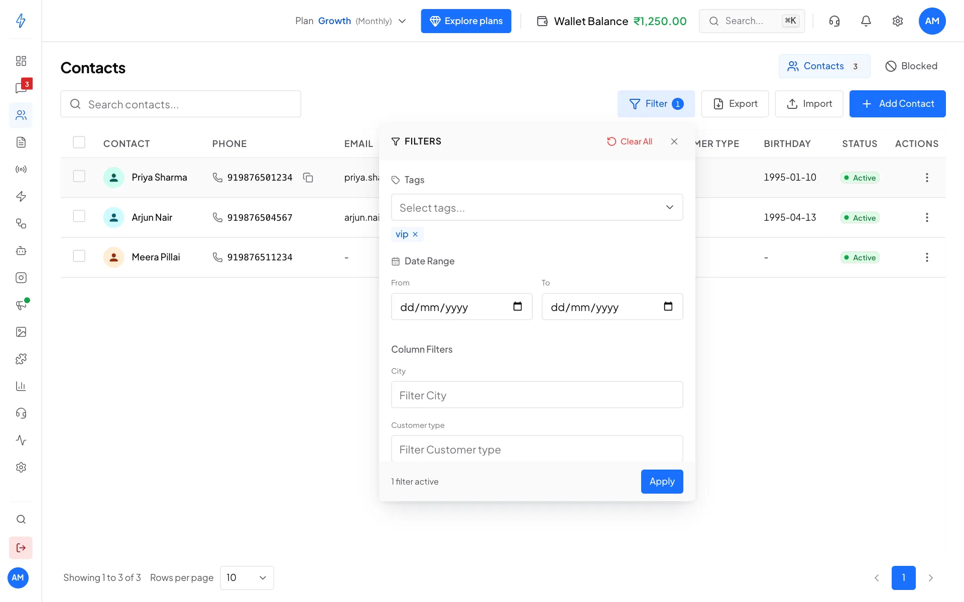 The Filters panel with the vip tag picked and the list showing only 3 contacts