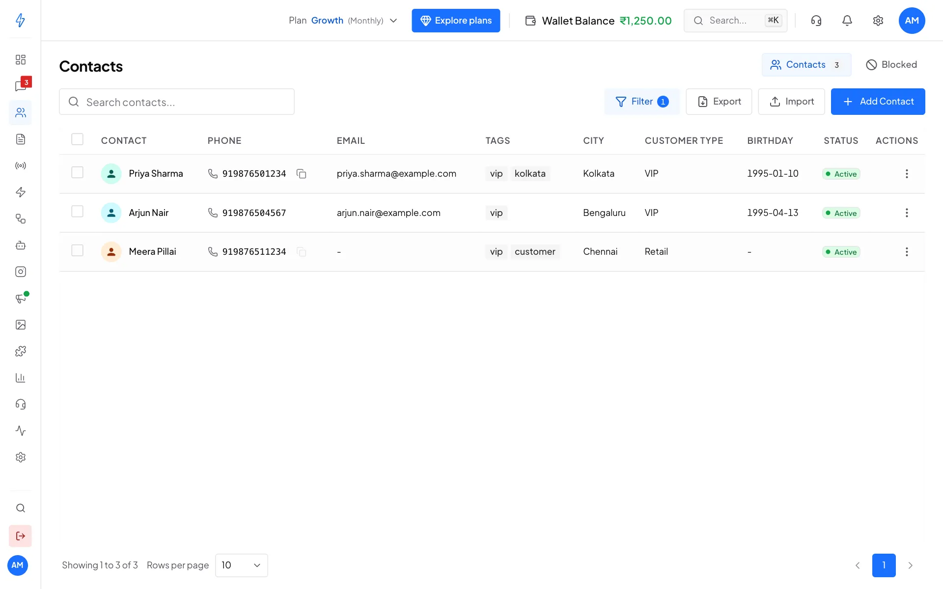 The contact list filtered to the three contacts tagged vip