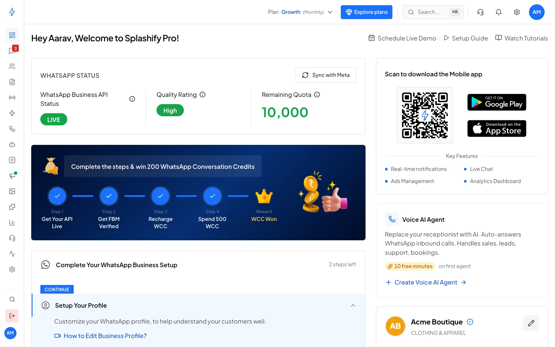 The dashboard, with your WhatsApp status and setup checklist