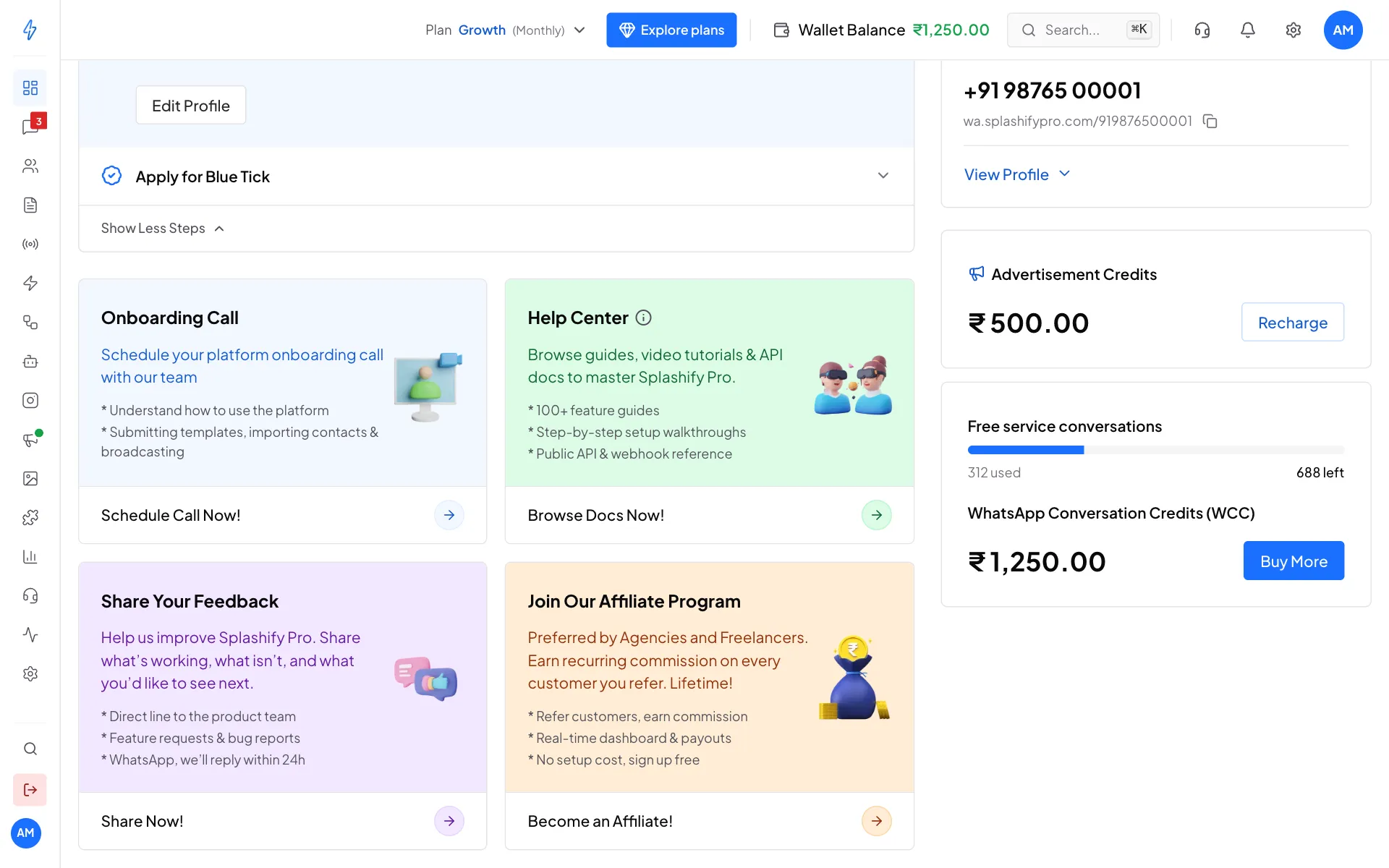 The lower part of the dashboard with help cards, Advertisement Credits, free service conversations and the WCC balance