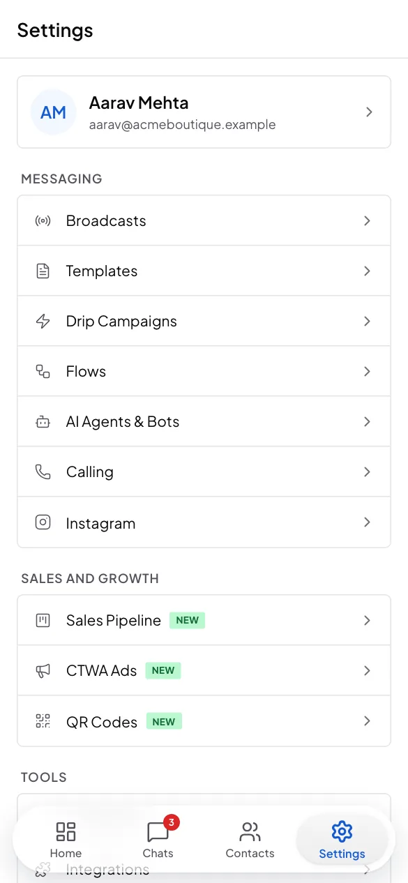 The app on a phone with the Settings list open: the profile of Aarav Mehta at the top, then Messaging, Sales and growth, Tools and Account groups, and the bar with Home, Chats, Contacts and Settings at the bottom
