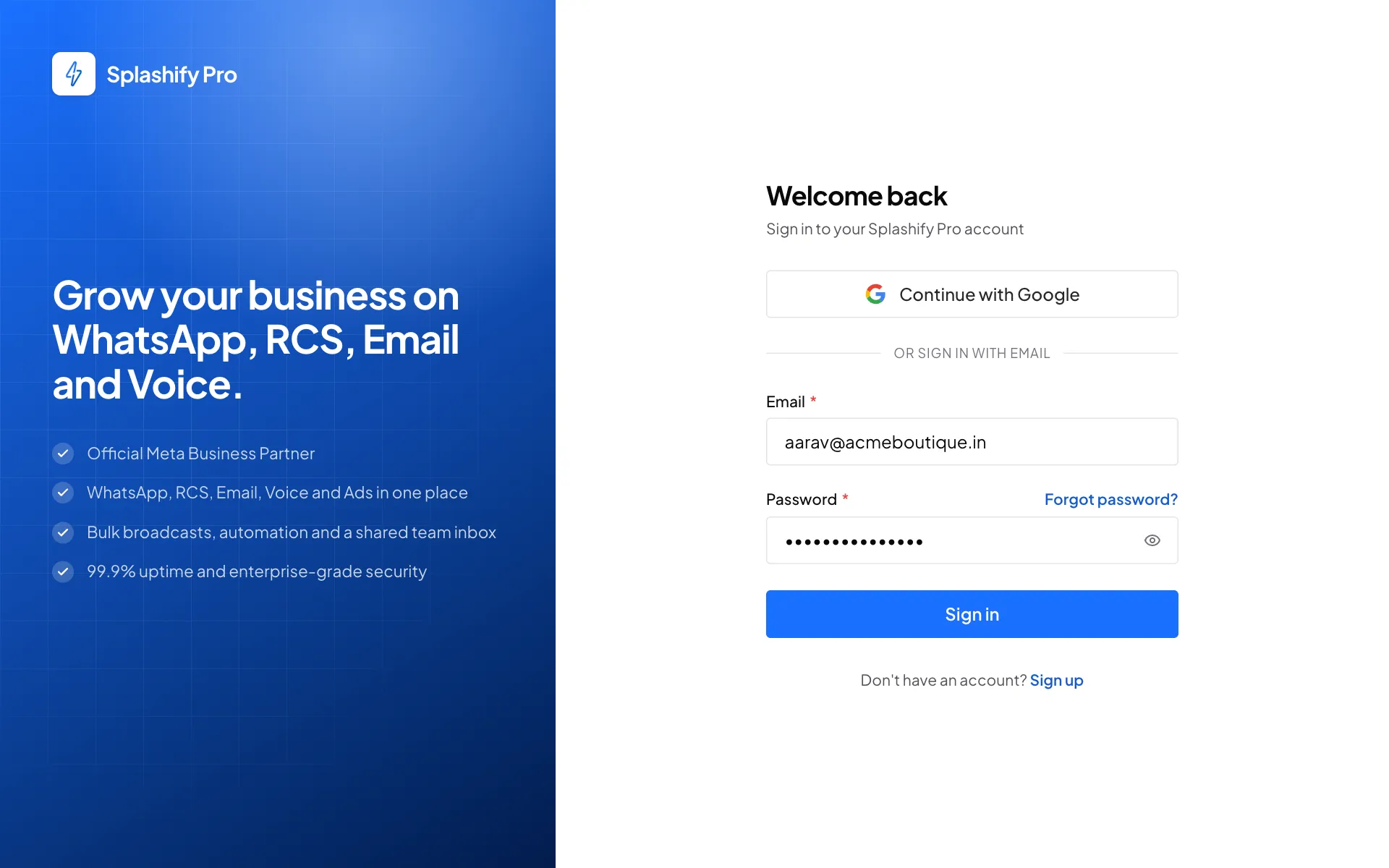 The Welcome back sign-in page with an email and password typed in and the Sign in button