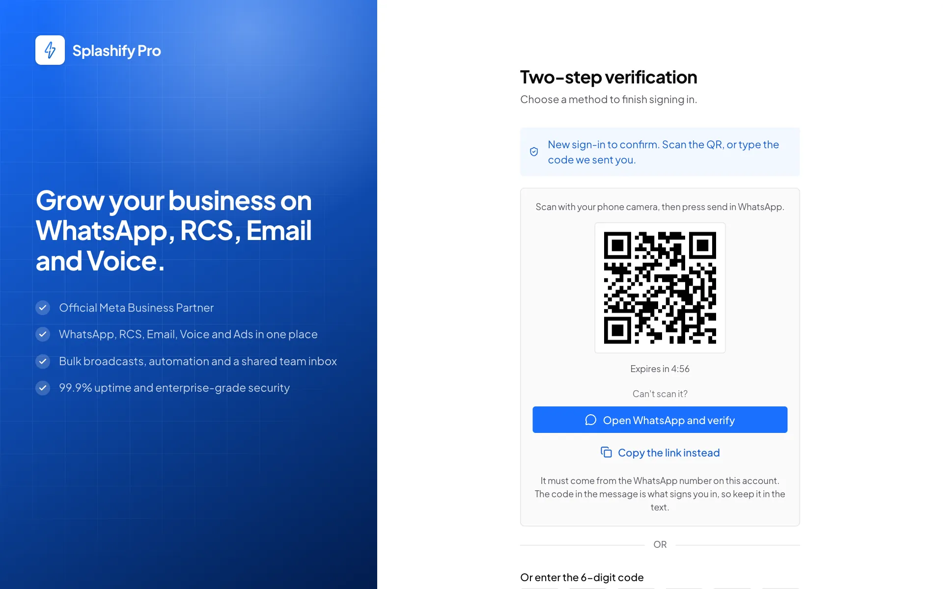 The Two-step verification page with a QR code, an Open WhatsApp and verify button and a timer