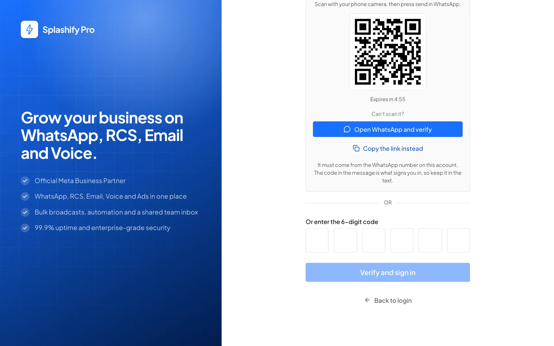 The lower part of the Two-step verification page with six boxes for the code and the Verify and sign in button