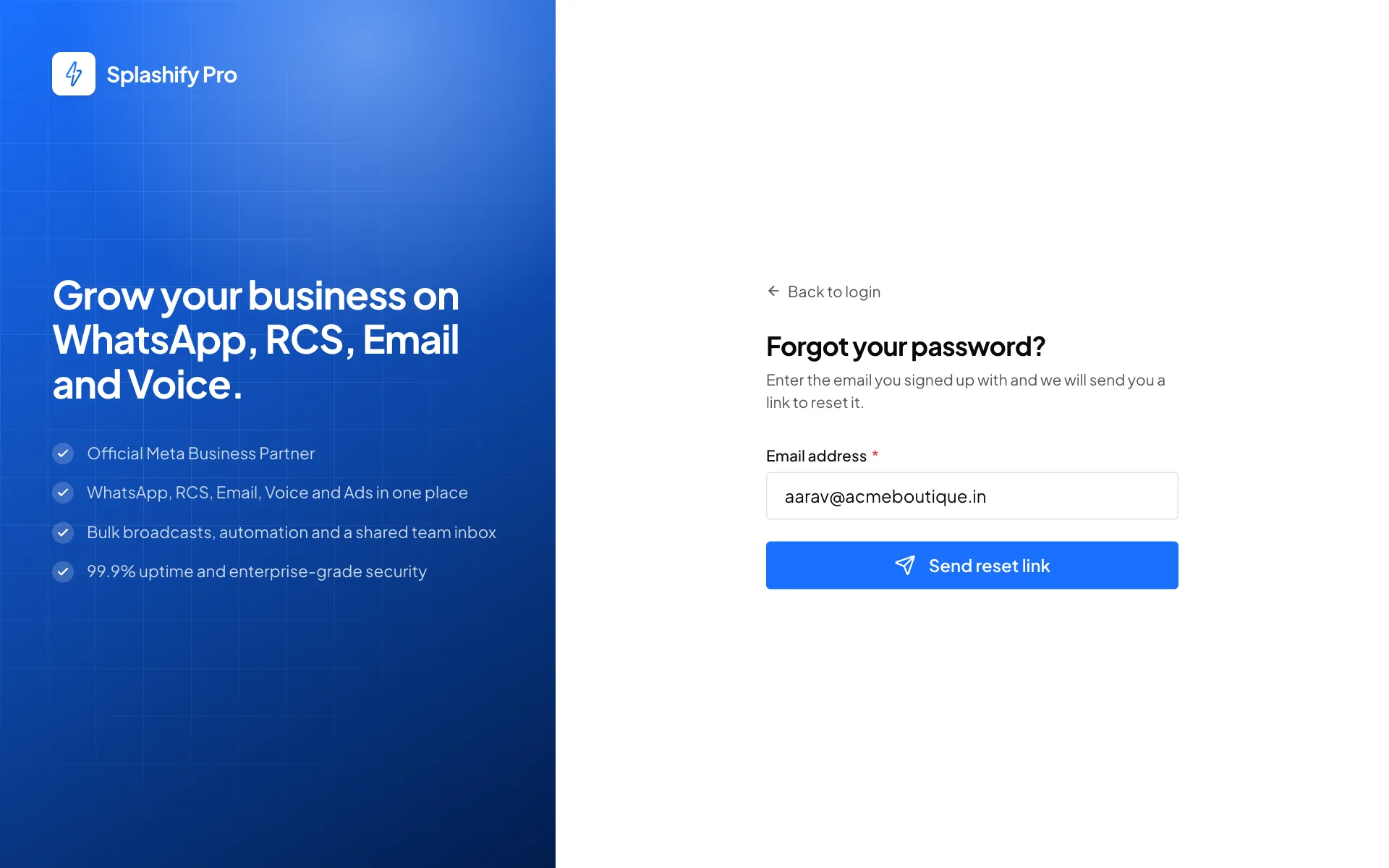 The Forgot your password page with an email typed in and the Send reset link button