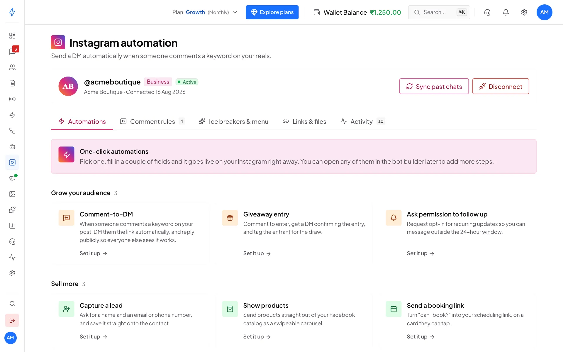 The Instagram automation page with @acmeboutique connected, five tabs, and ready-made automations such as Comment-to-DM and Giveaway entry