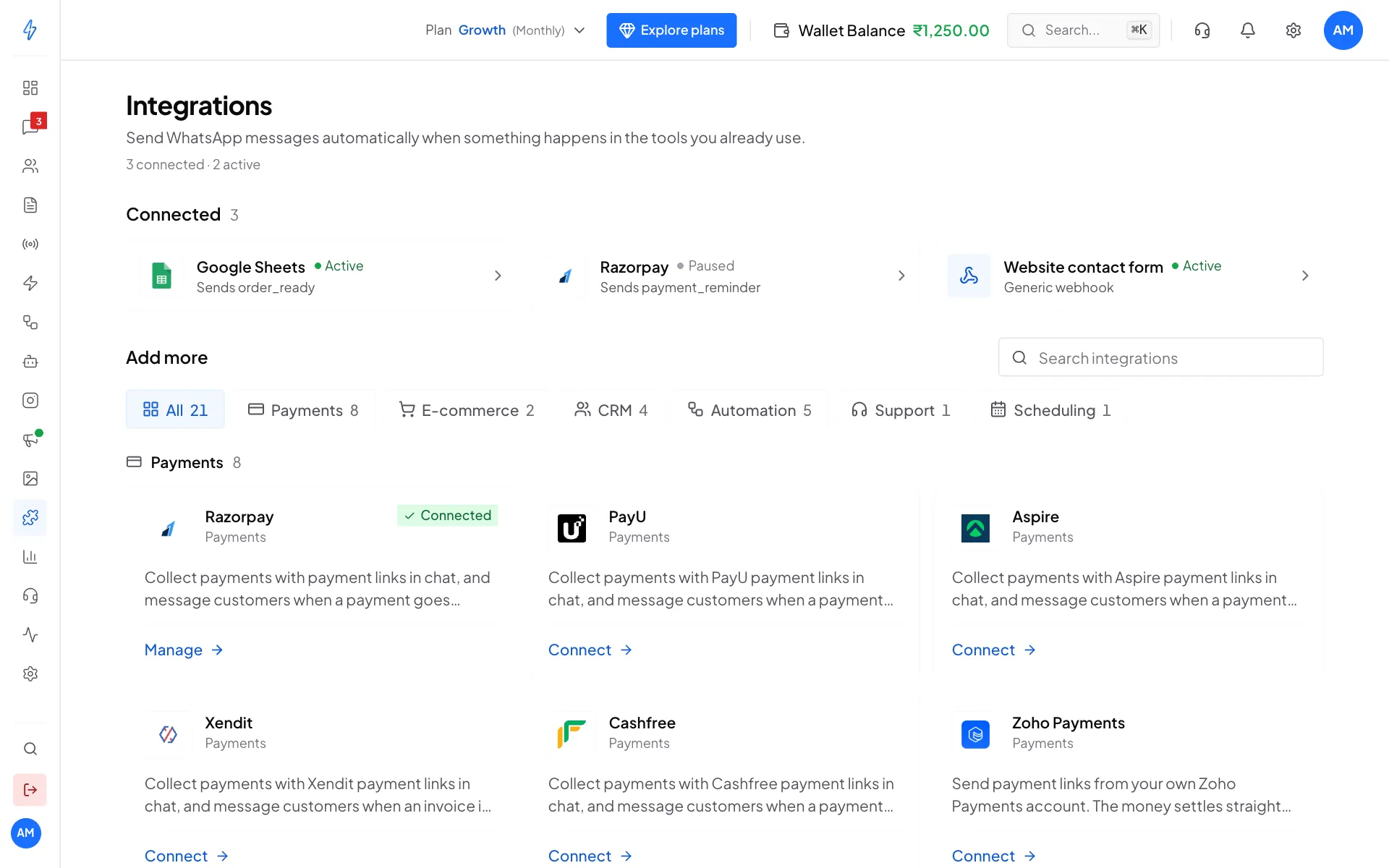 The Integrations page with connected tools at the top and the catalog of tools below