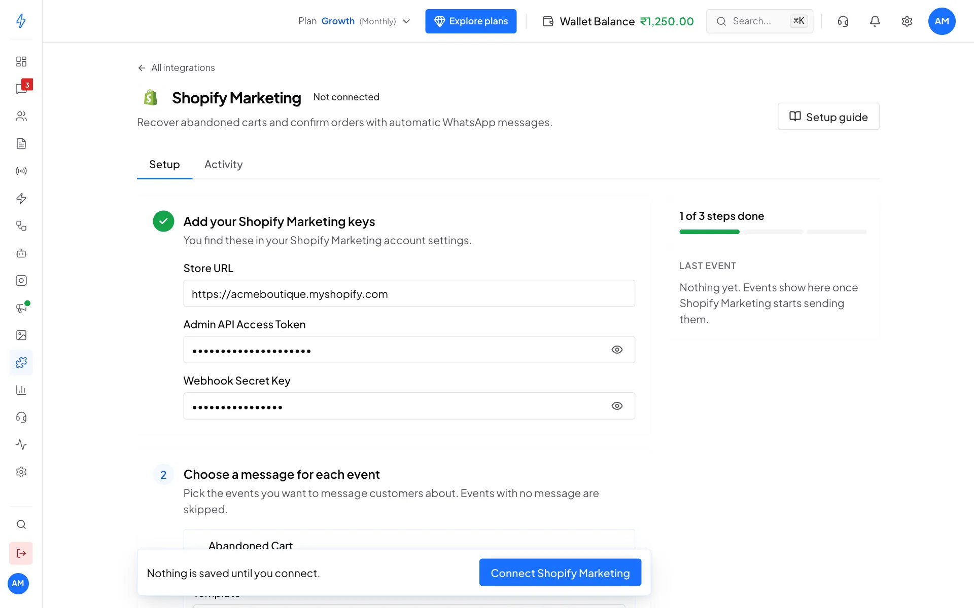 The Shopify Marketing page with its store URL and keys filled in