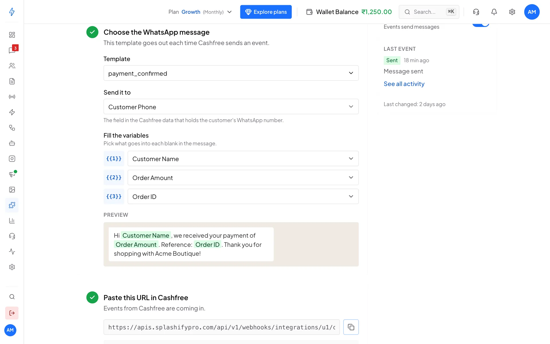 The Choose the WhatsApp message step with the payment_confirmed template, Send it to Customer Phone, the variables Customer Name, Order Amount and Order ID, and a preview