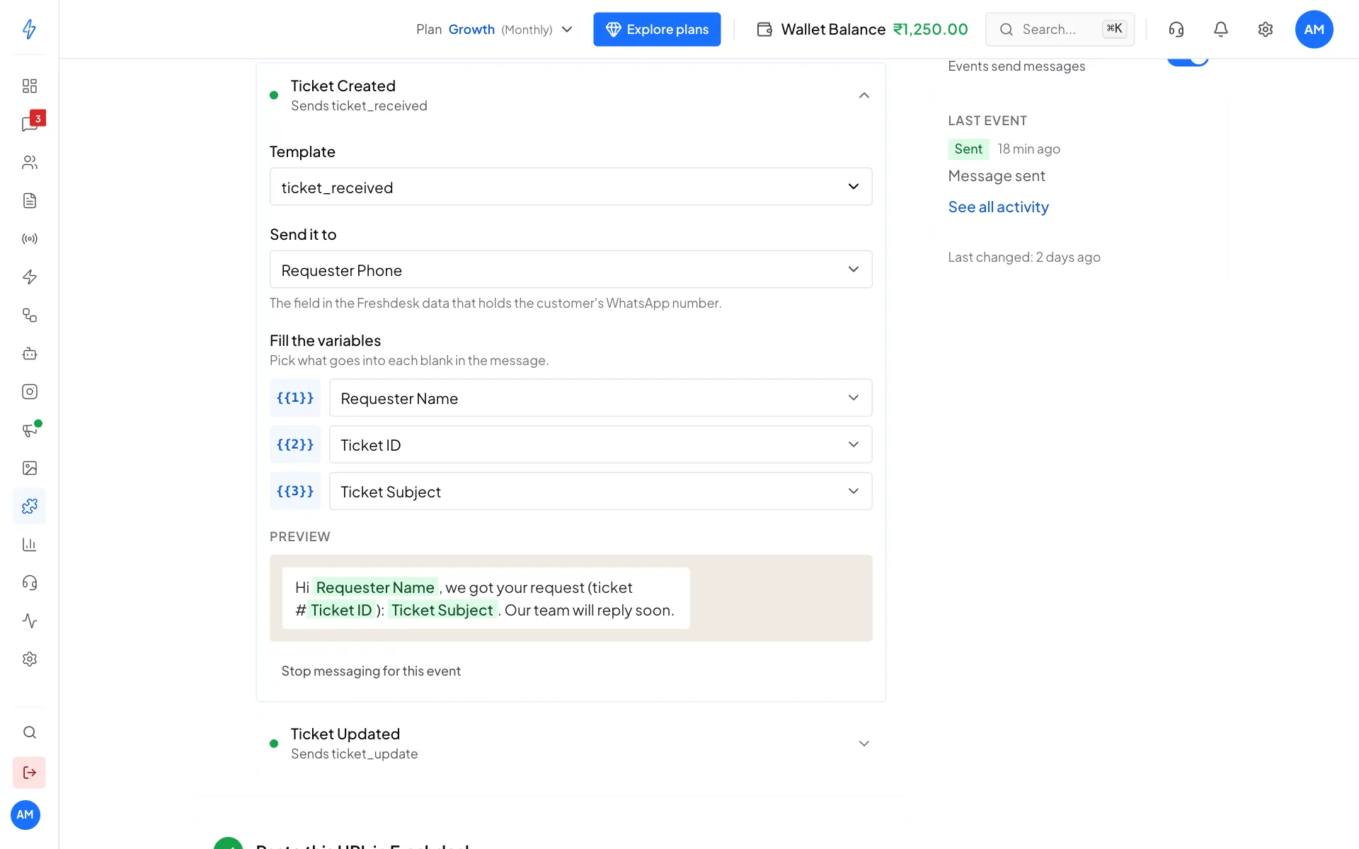 The Ticket Created event with the ticket_received template, Send it to Requester Phone, the variables Requester Name, Ticket ID and Ticket Subject, and a preview. Ticket Updated below sends ticket_update