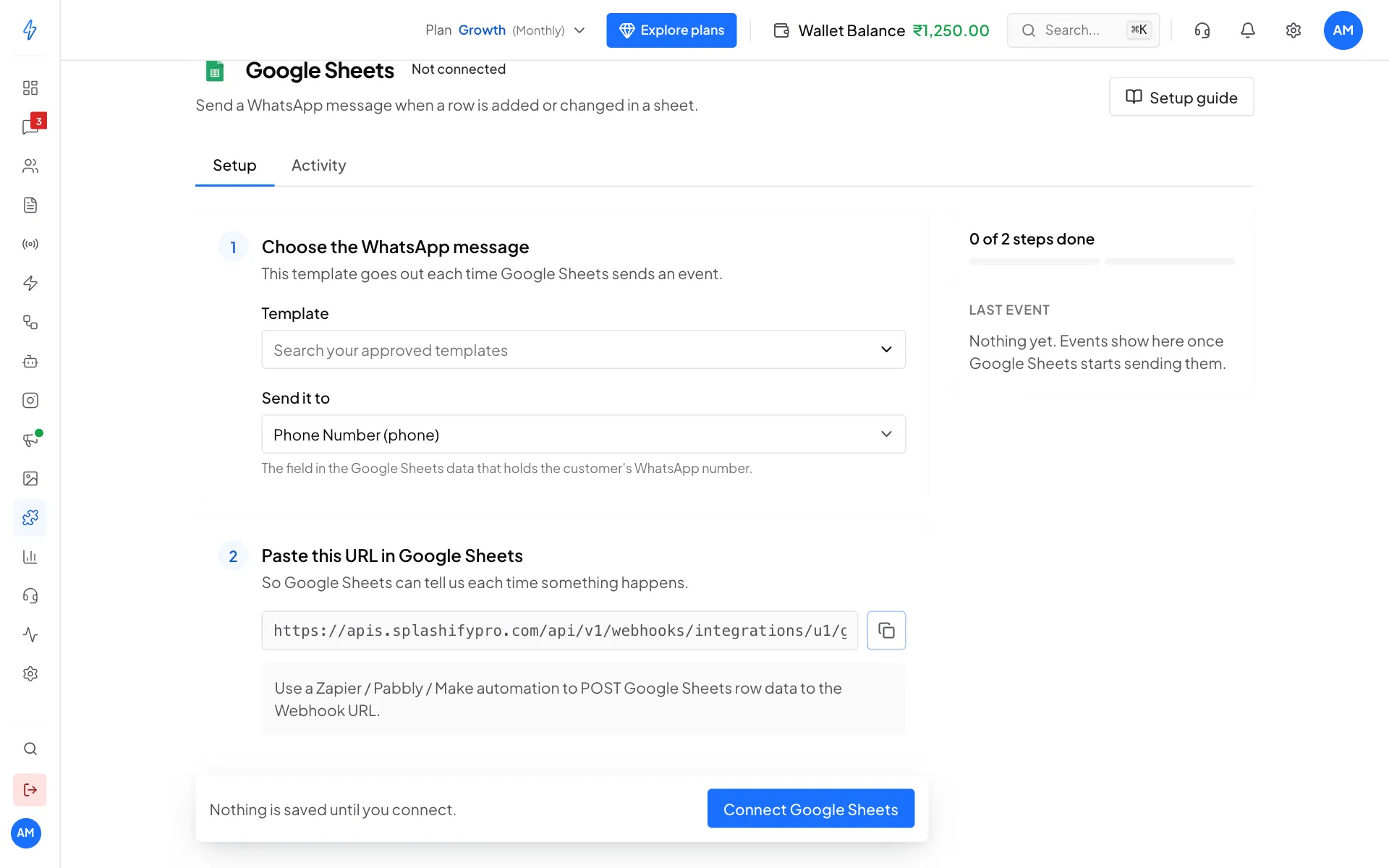 The Google Sheets page, not connected, with Choose the WhatsApp message, Send it to Phone Number (phone), and Paste this URL in Google Sheets with the webhook URL