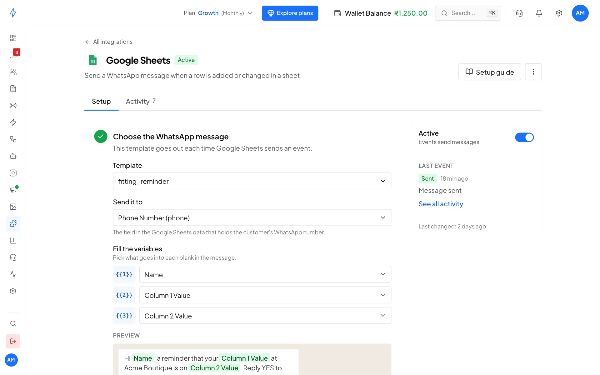 Google Sheets connected and Active, with the fitting_reminder template, Send it to Phone Number (phone), and the variables Name, Column 1 Value and Column 2 Value