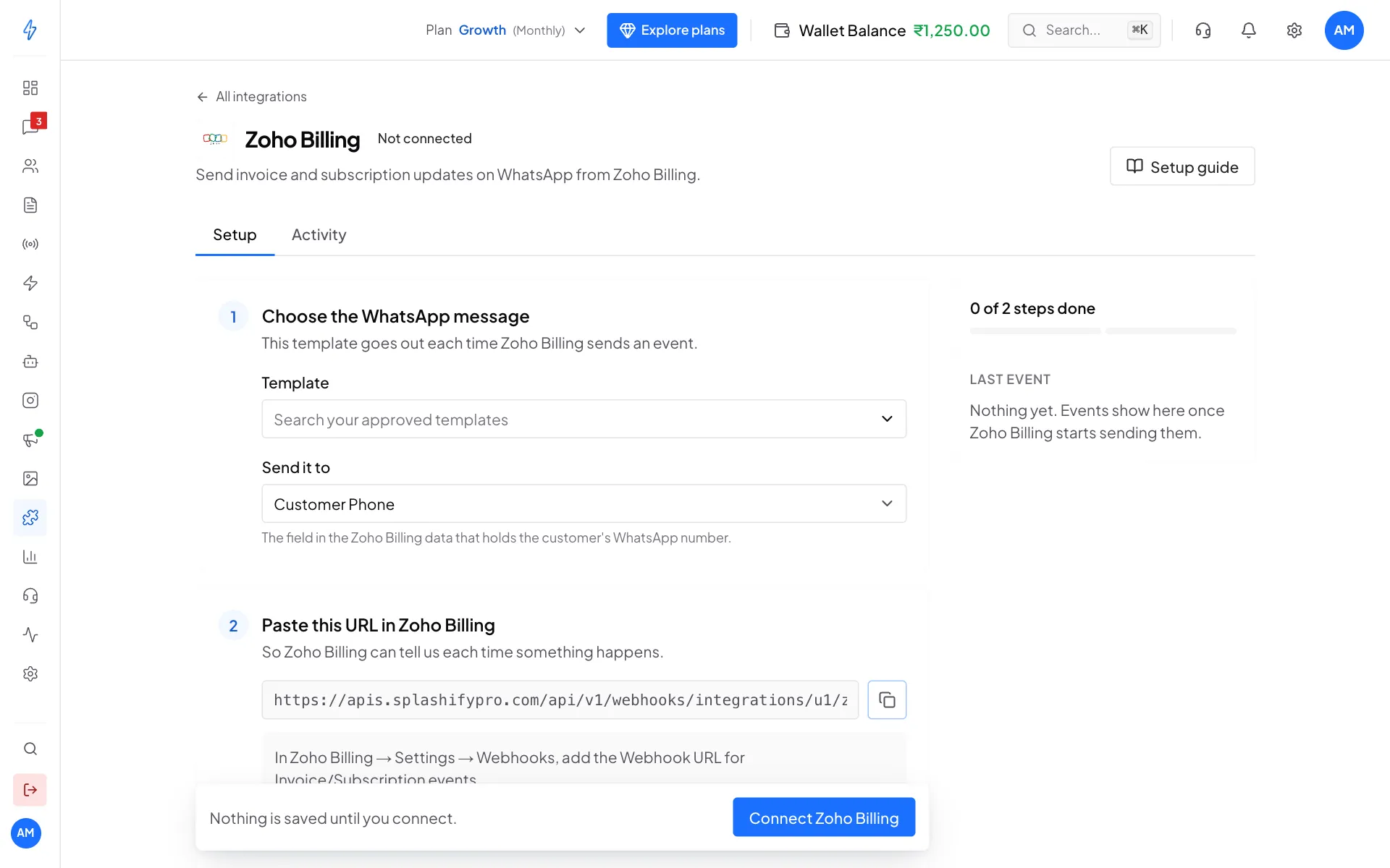 The Zoho Billing page, not connected, with step 1 Choose the WhatsApp message with Send it to Customer Phone, and step 2 Paste this URL in Zoho Billing with the webhook URL