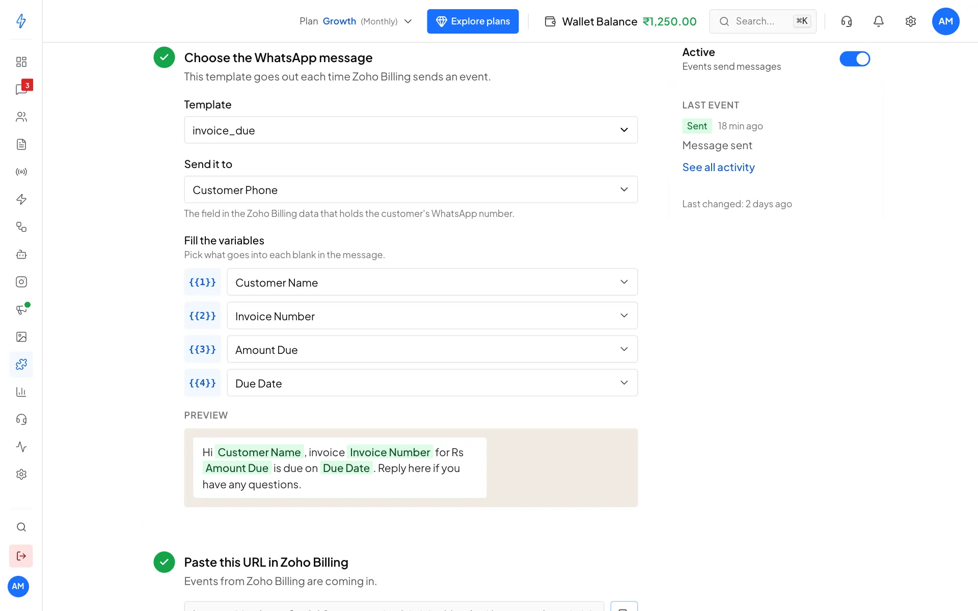 The Choose the WhatsApp message step with the invoice_due template, Send it to Customer Phone, the variables Customer Name, Invoice Number, Amount Due and Due Date, and a preview