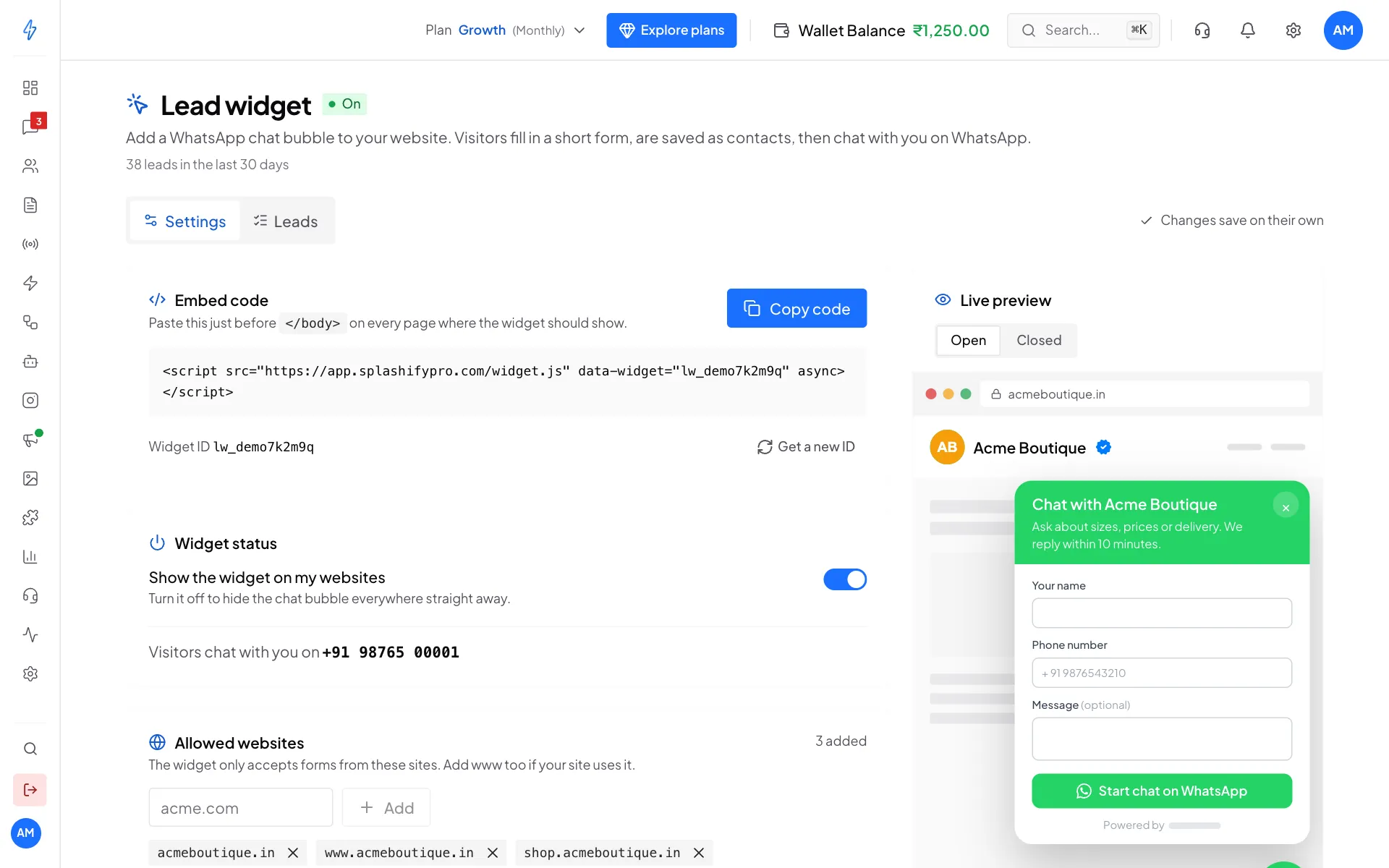 The Lead widget page with the embed code, the widget status switch, allowed websites, and a live preview of the green chat form on acmeboutique.in