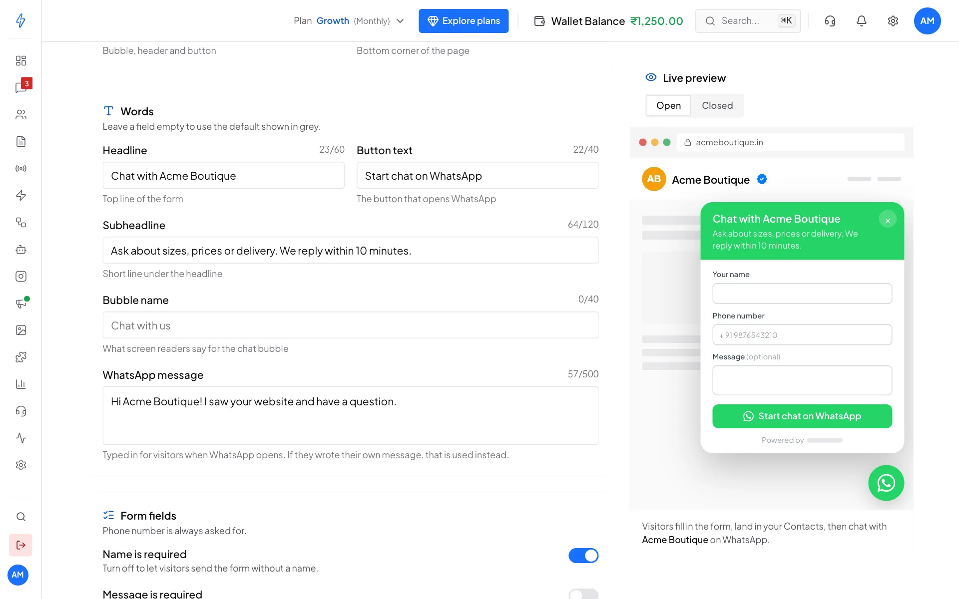 The Words card with the headline Chat with Acme Boutique, the button text Start chat on WhatsApp, a subheadline, the bubble name and the WhatsApp message, next to the live preview of the open form