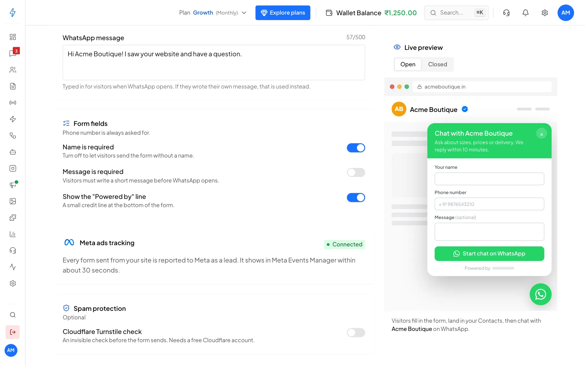 The Form fields card with Name is required on, Message is required off and Show the Powered by line on, the Meta ads tracking card marked Connected, and the Spam protection card