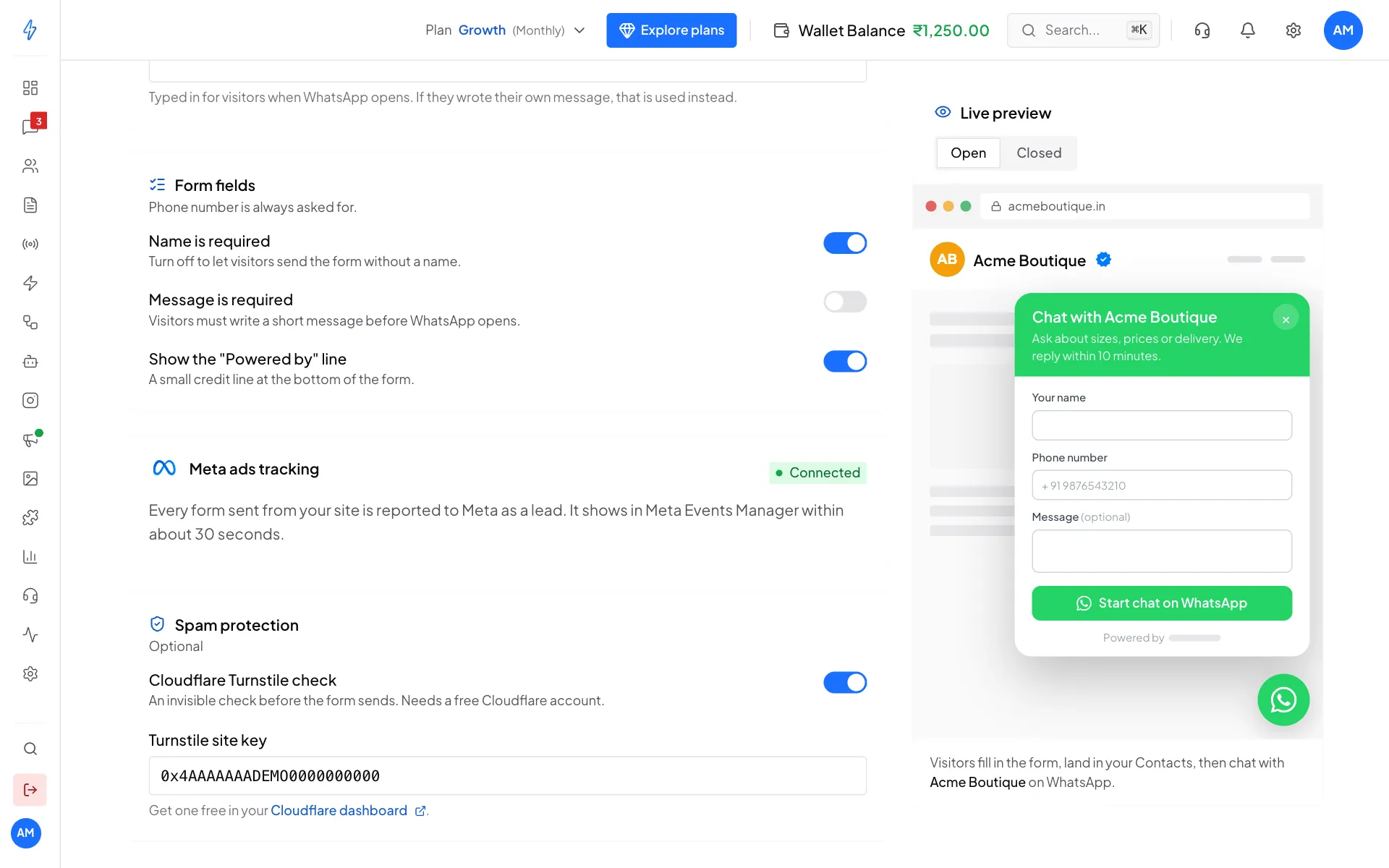The Spam protection card with Cloudflare Turnstile check switched on and a Turnstile site key filled in