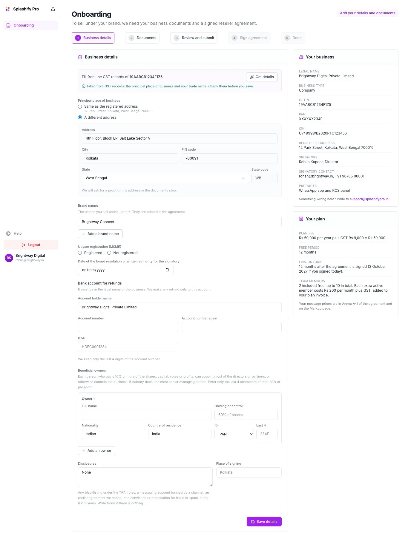 The Onboarding page for Brightway Digital with the five steps across the top, the Business details form on the left, and the Your business and Your plan cards on the right