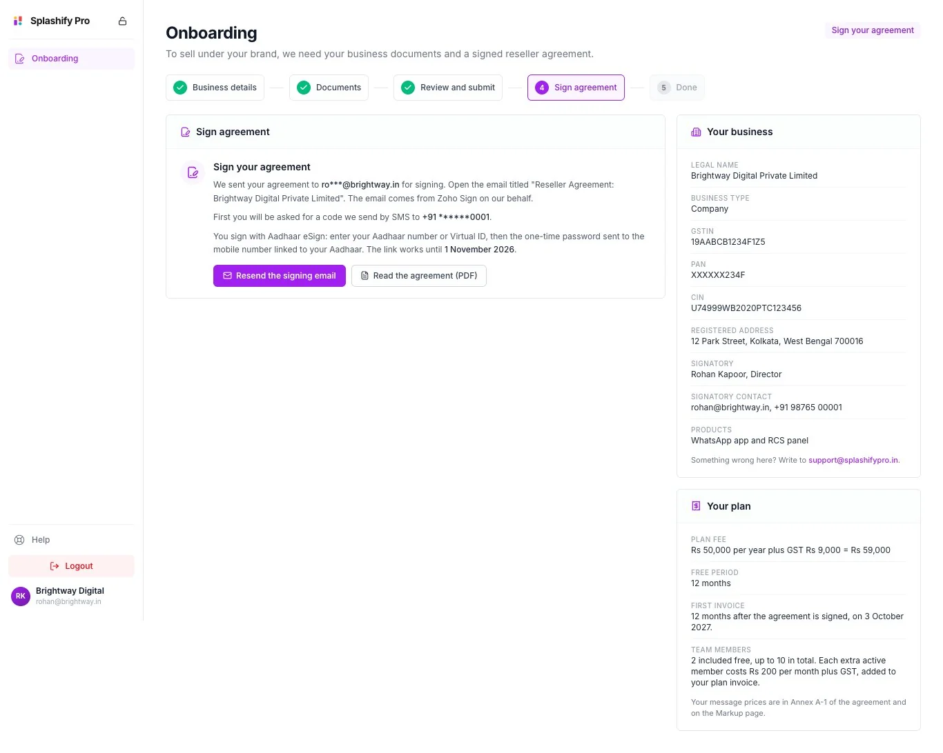 The Sign agreement step with the line Sign your agreement, the email address and mobile number the agreement and code were sent to, partly hidden, the date the link works until, and the Resend the signing email and Read the agreement (PDF) buttons