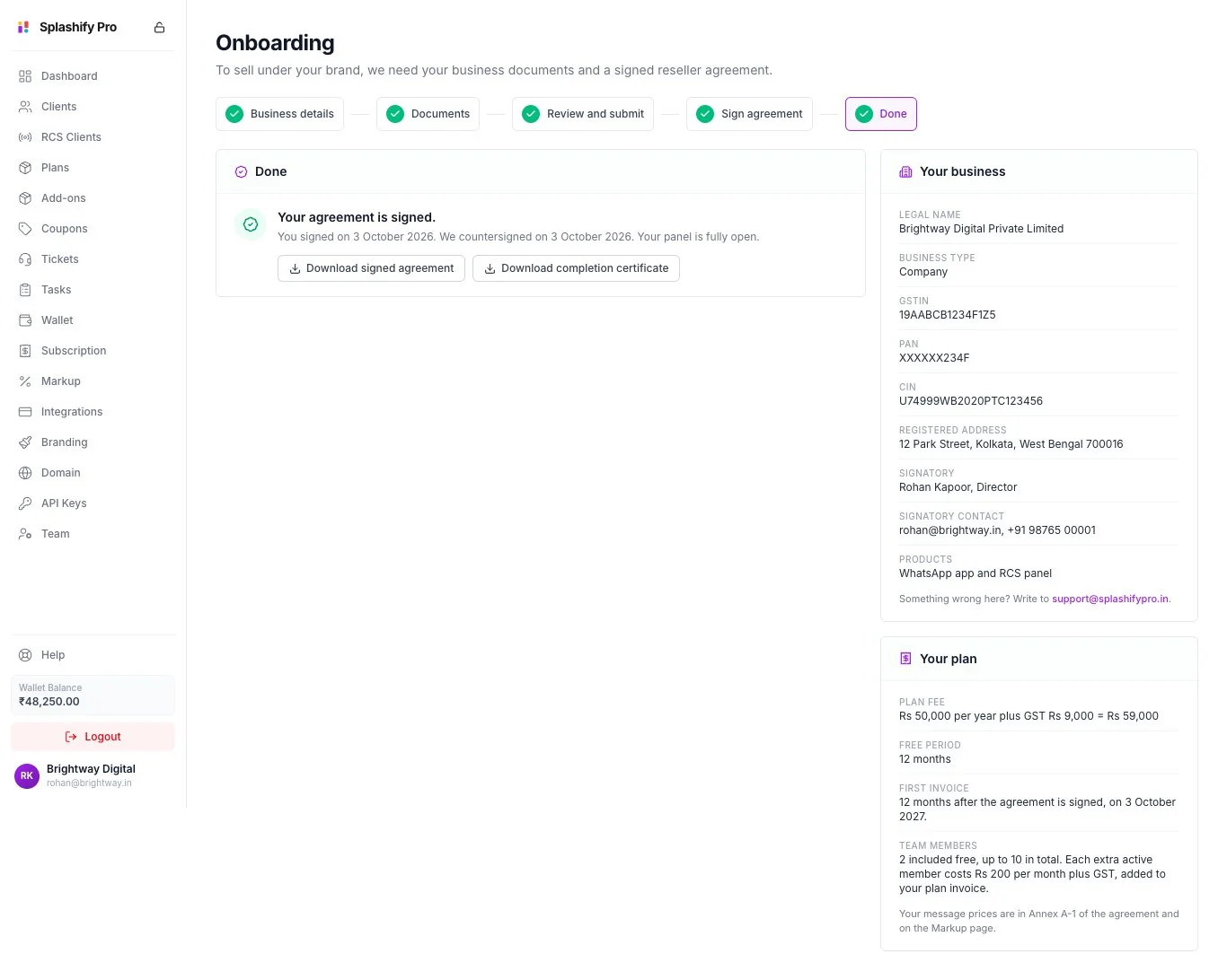 The Done step with all five steps ticked, the line Your agreement is signed, the Download signed agreement and Download completion certificate buttons, and the full left menu