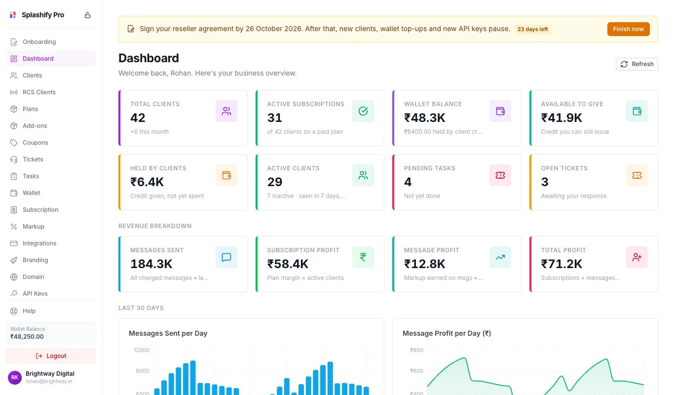 The dashboard with an amber banner at the top that says Sign your reseller agreement by 26 October 2026, After that, new clients, wallet top-ups and new API keys pause, with a 23 days left label and a Finish now button