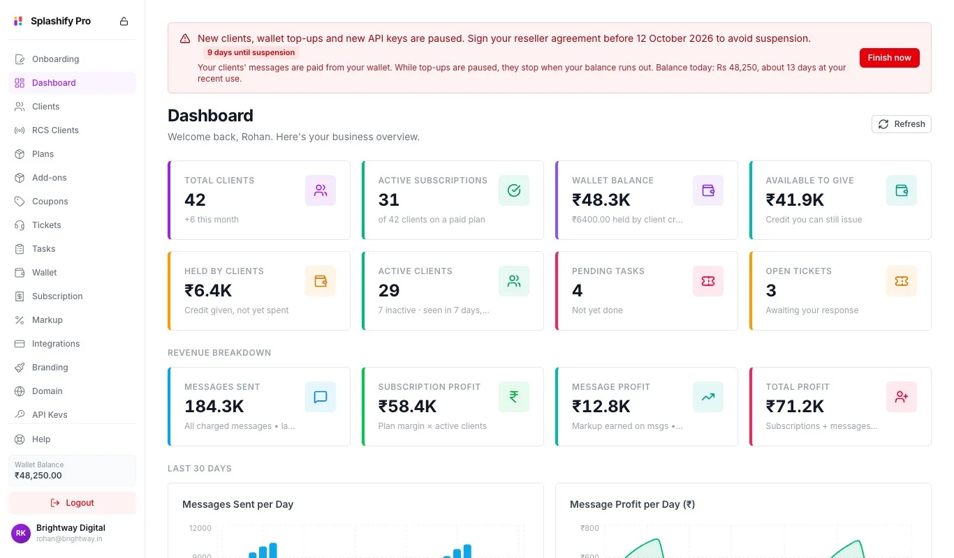 The dashboard with a red banner that says New clients, wallet top-ups and new API keys are paused, Sign your reseller agreement before 12 October 2026 to avoid suspension, a 9 days until suspension label, a line about the wallet balance and a Finish now button