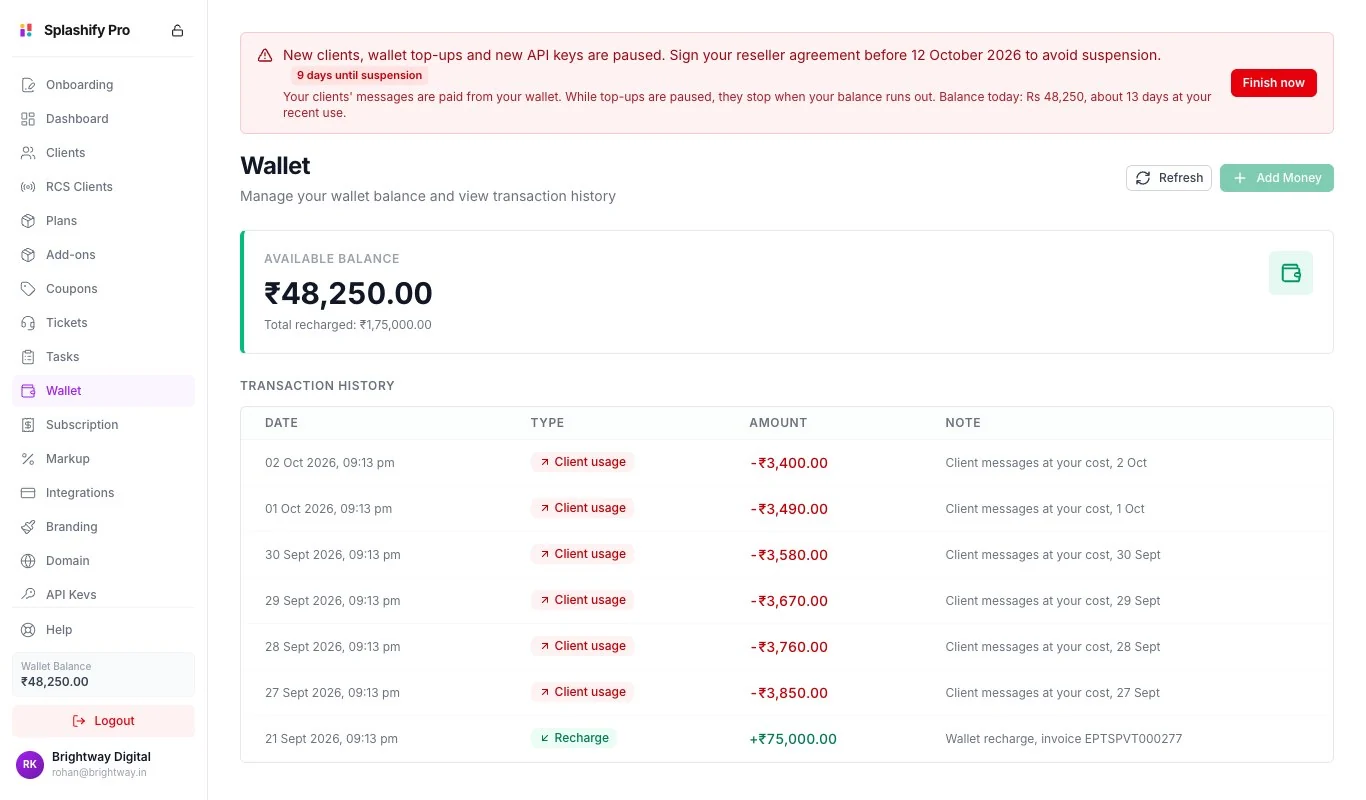 The Wallet page under the red banner, with an available balance of 48,250 rupees, the Add Money button greyed out, and a transaction history of client usage