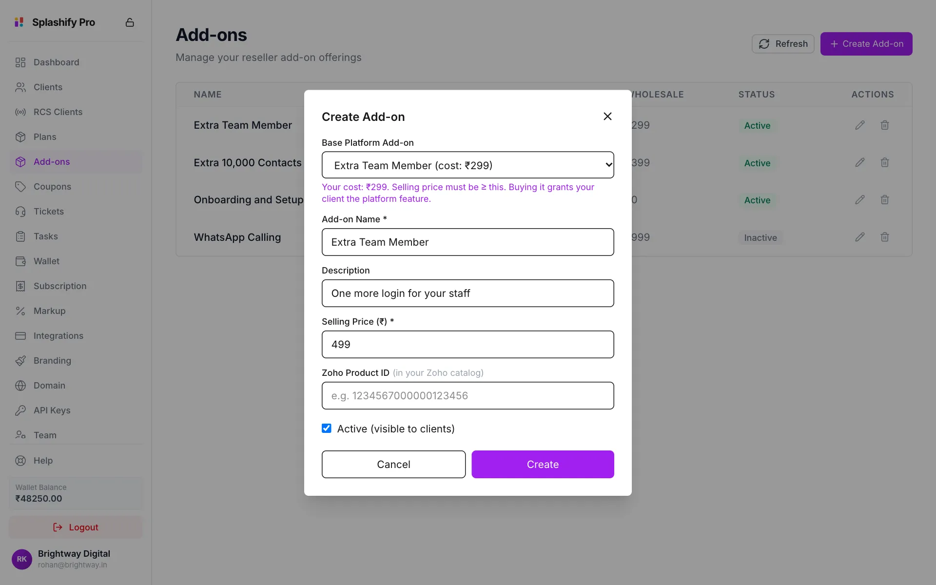 Create Add-on box with Extra Team Member (cost ₹299) picked, the name, a description, selling price 499 and Active ticked