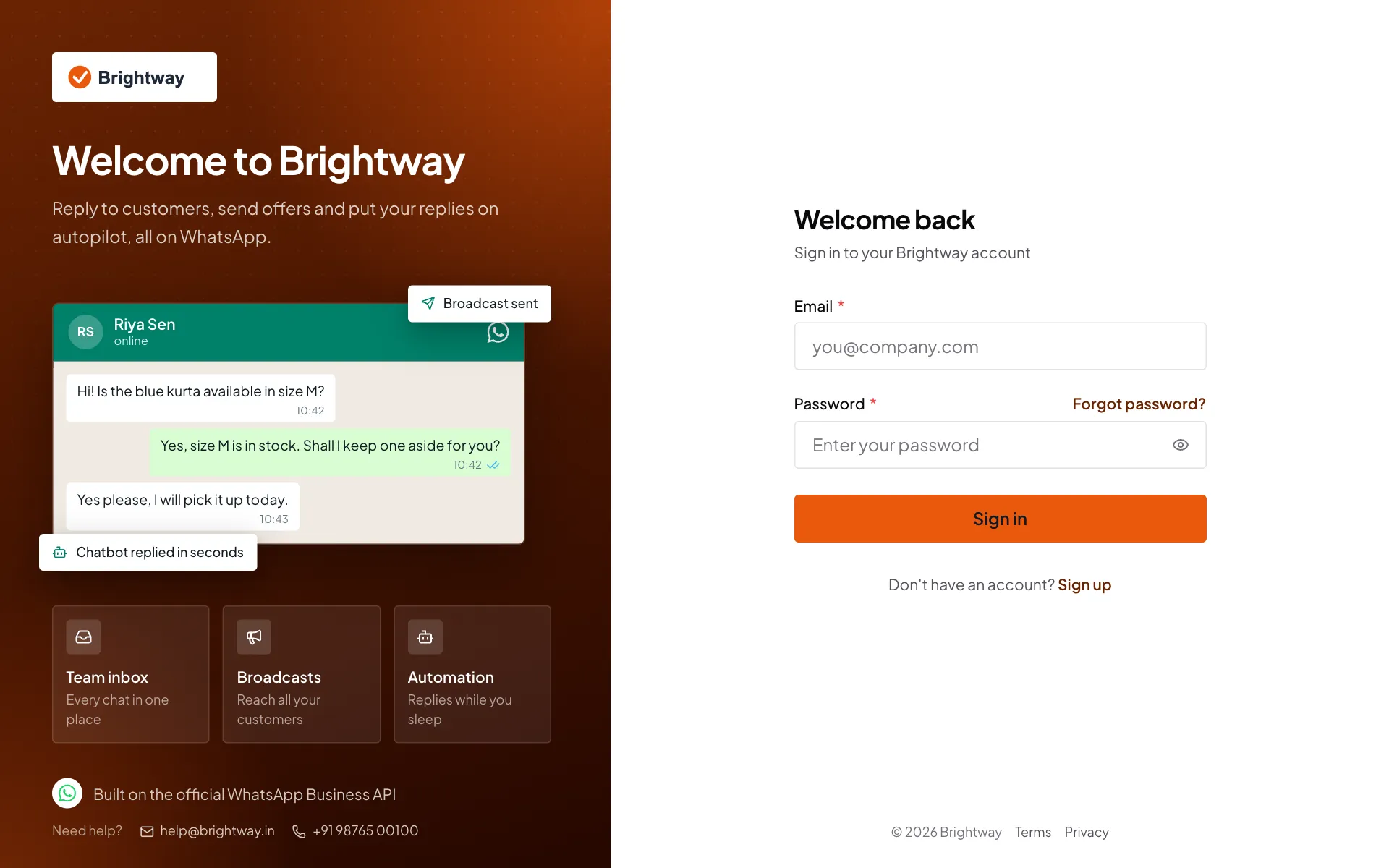 The client sign-in page on app.brightway.in showing the Brightway logo, Welcome to Brightway, an orange Sign in button and the help@brightway.in support email