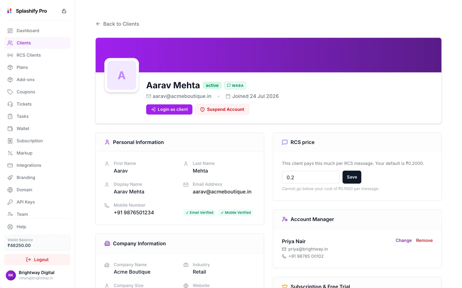 Client page for Aarav Mehta with Login as client and Suspend Account buttons, Personal Information, RCS price and Account Manager cards